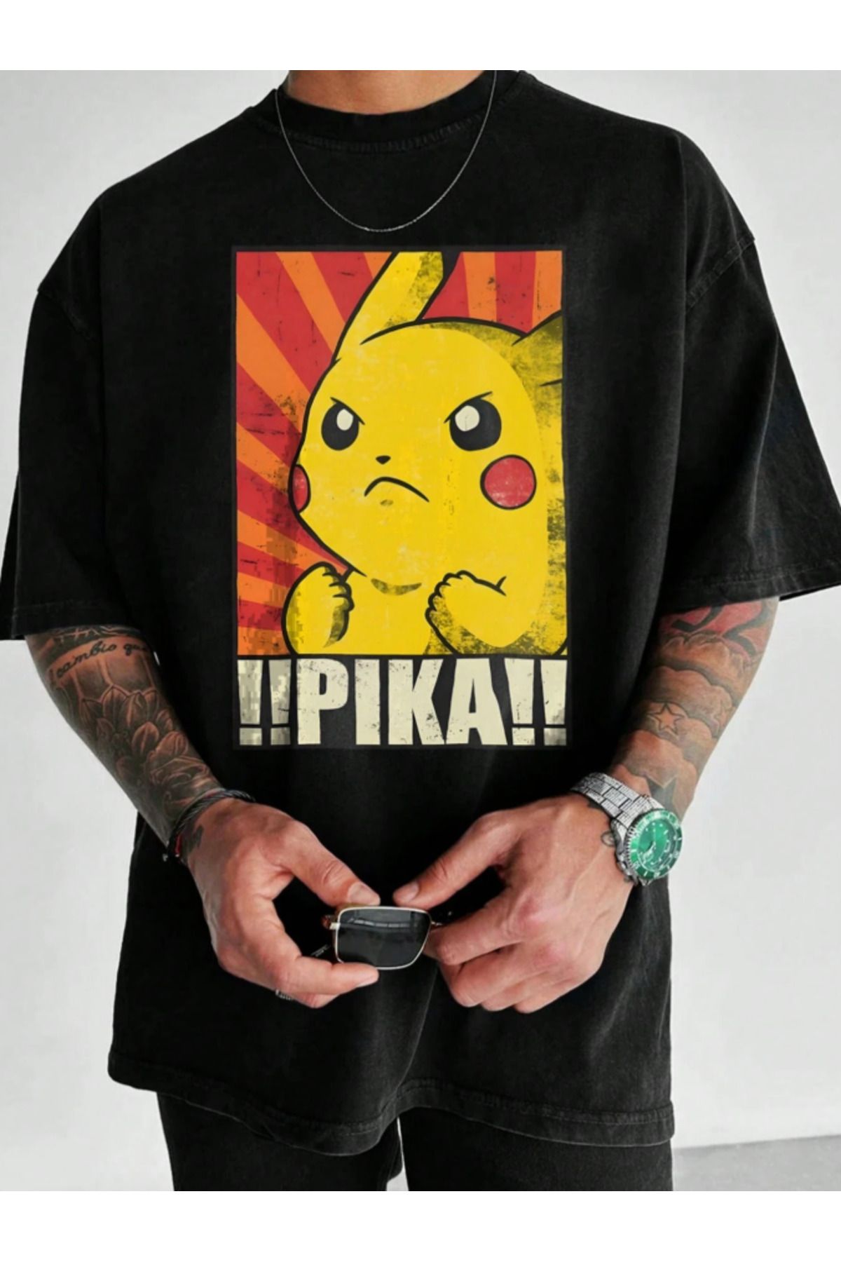 Revasser Unisex Erkek/Kadın Pikachu Renkli Özel Baskılı Oversize Pamuklu Bisiklet Yaka T-Shirt Tişört