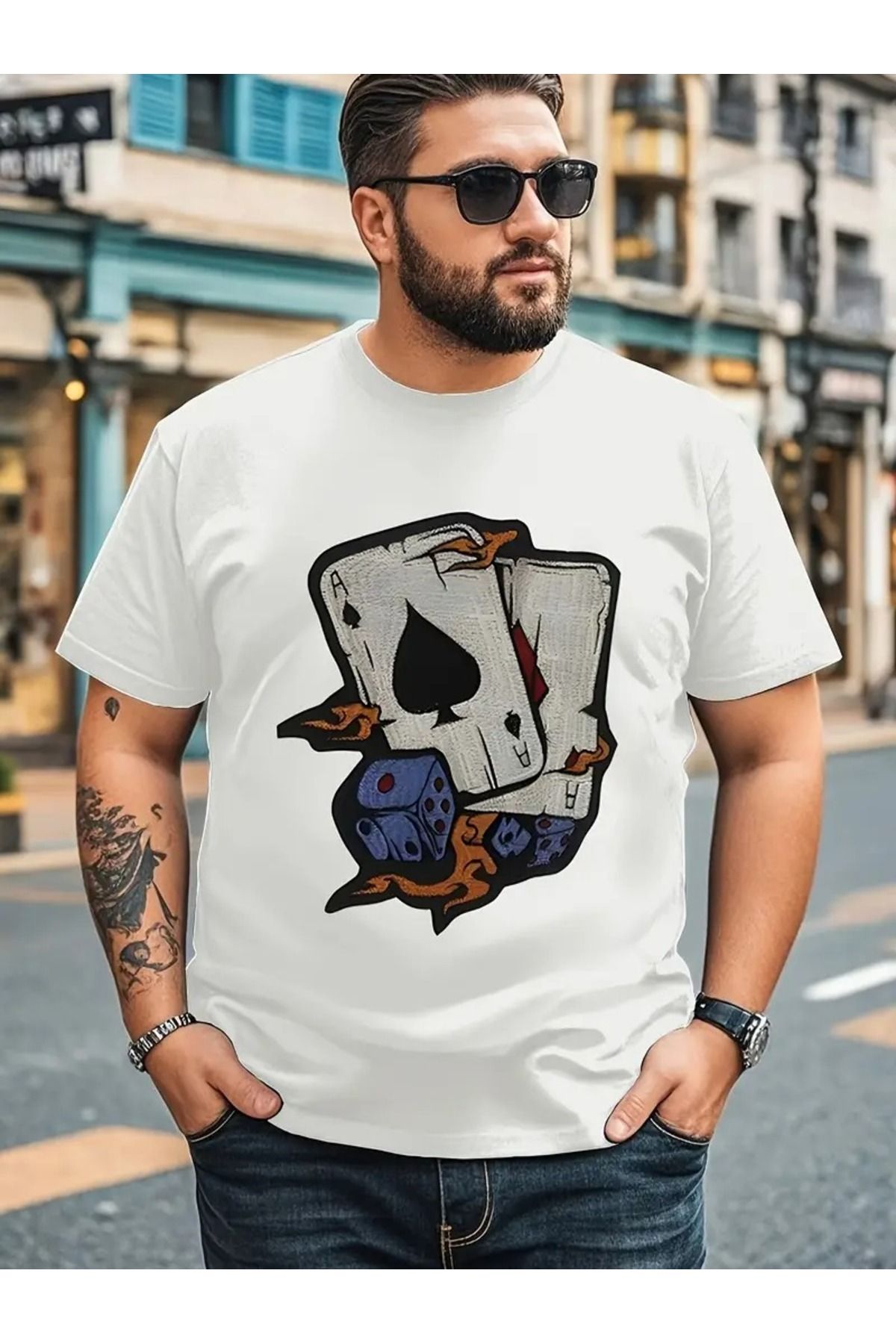 LAND MODA Moda Görünüm, Erkekler İçin Büyük Beden 3D Poker Baskılı Kısa Kollu Tişört -