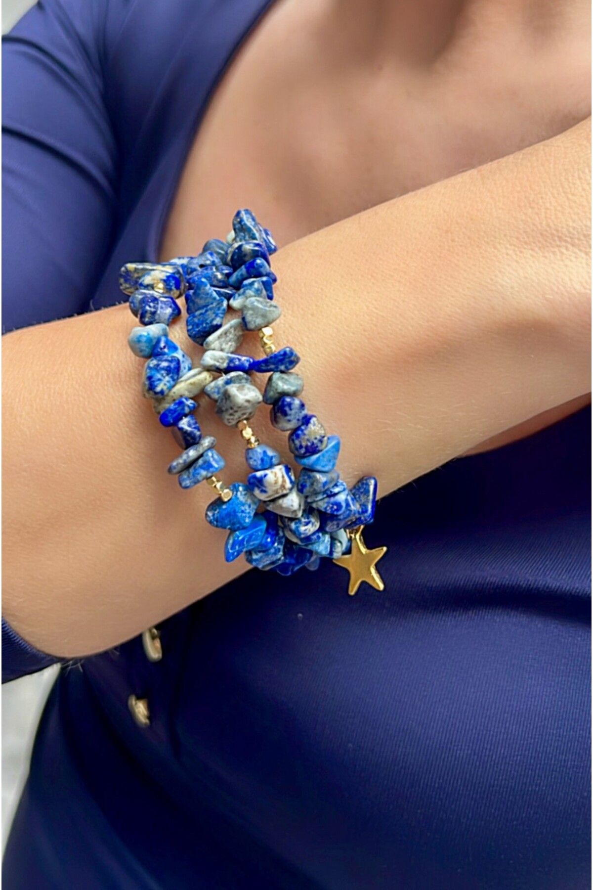 Kutcha Accessories Lapis Taşı Detaylı Gold Yıldız Uçlu Doğal Taş Bileklik