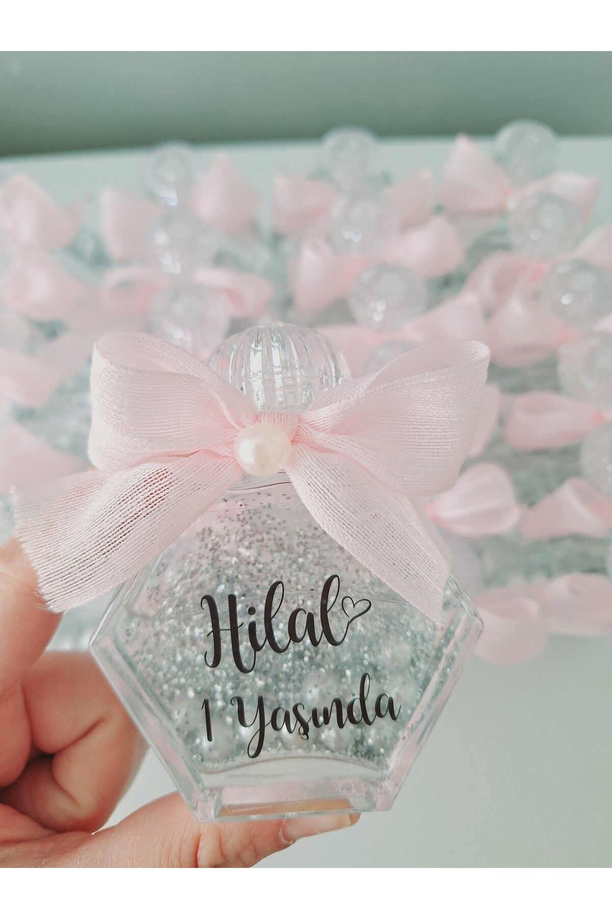 Yakamoz Style PEMBE incili simli cam şişe kolonya hediyelik 25 adet