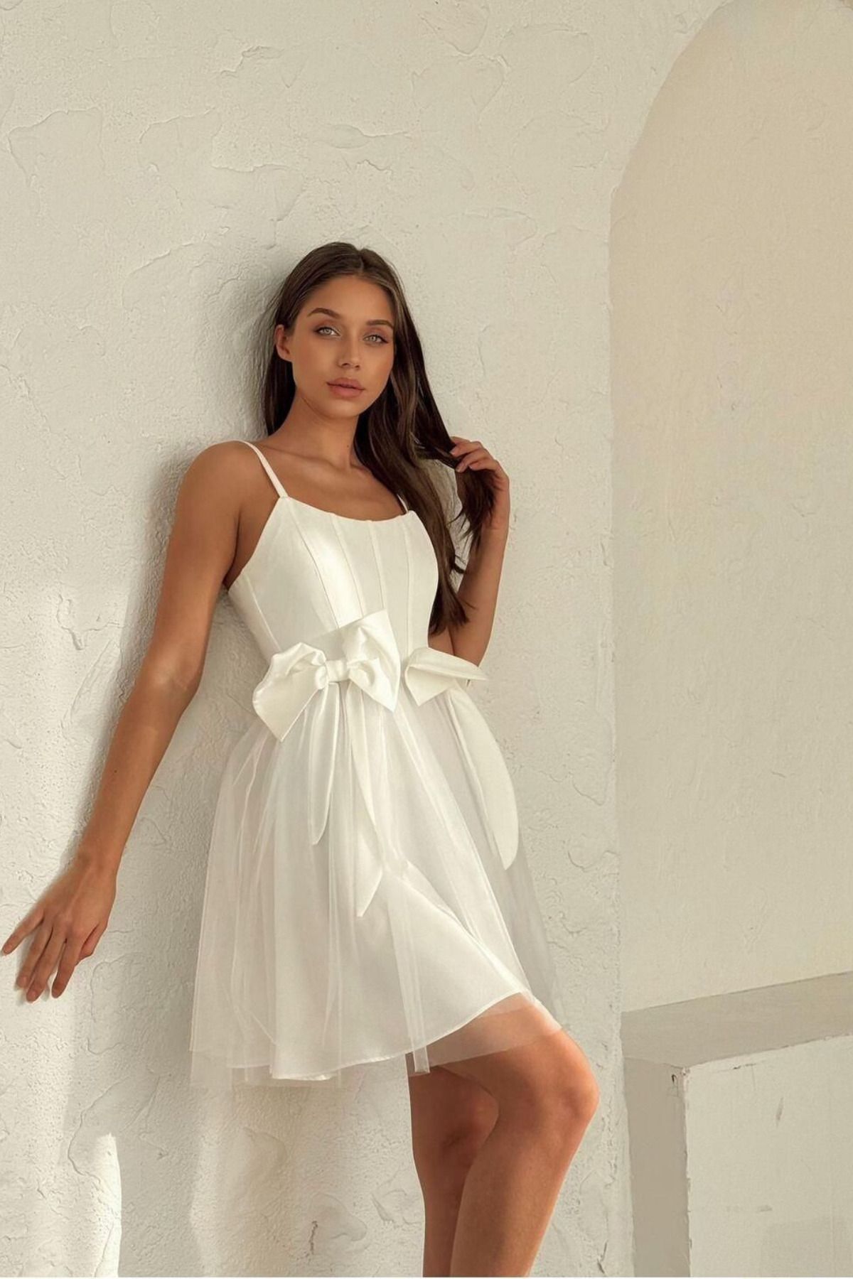 Lady Beezy Boutıque Beyaz Kadın Fiyonk Detaylı Askılı Tül Mini Elbise Mezuniyet Nişan Elbisesi
