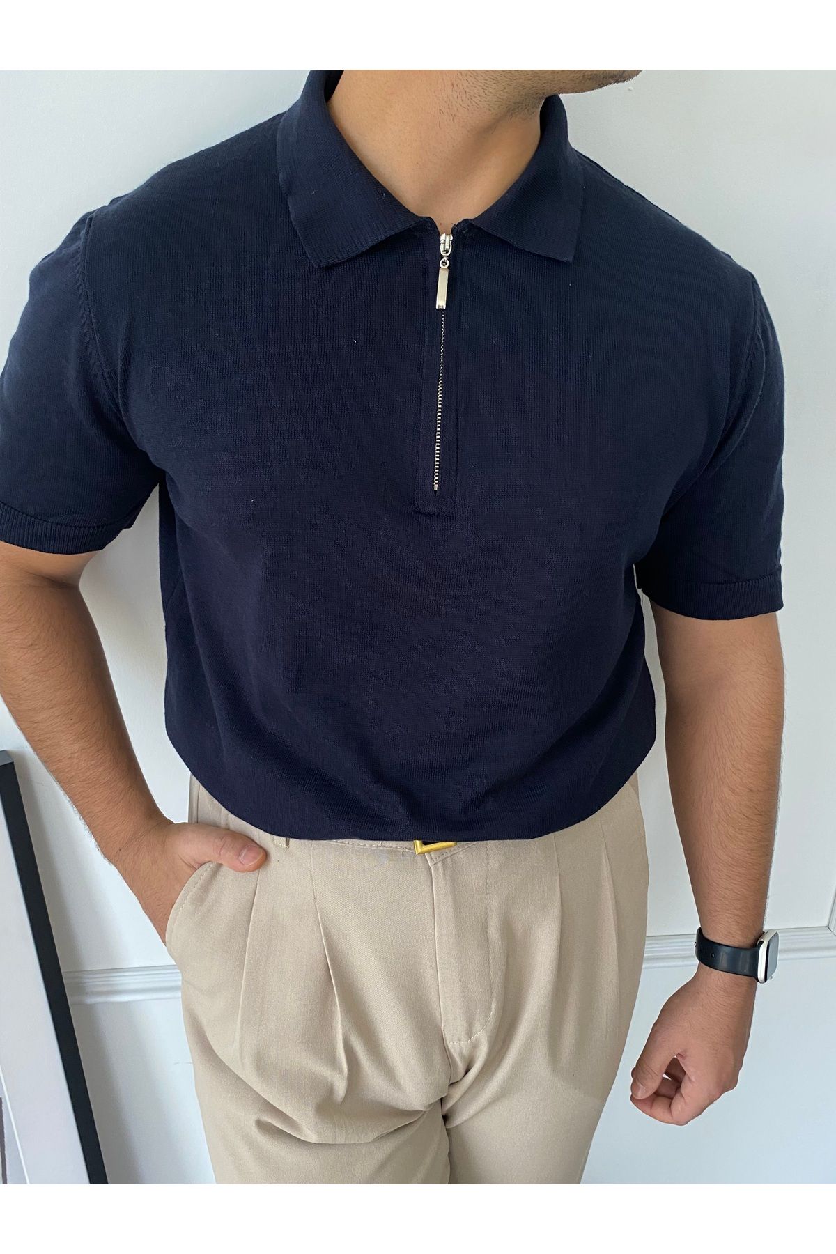 bonnline Pamuk Fermuarlı Oversize Polo Yaka Kısa Kollu Triko Tişört