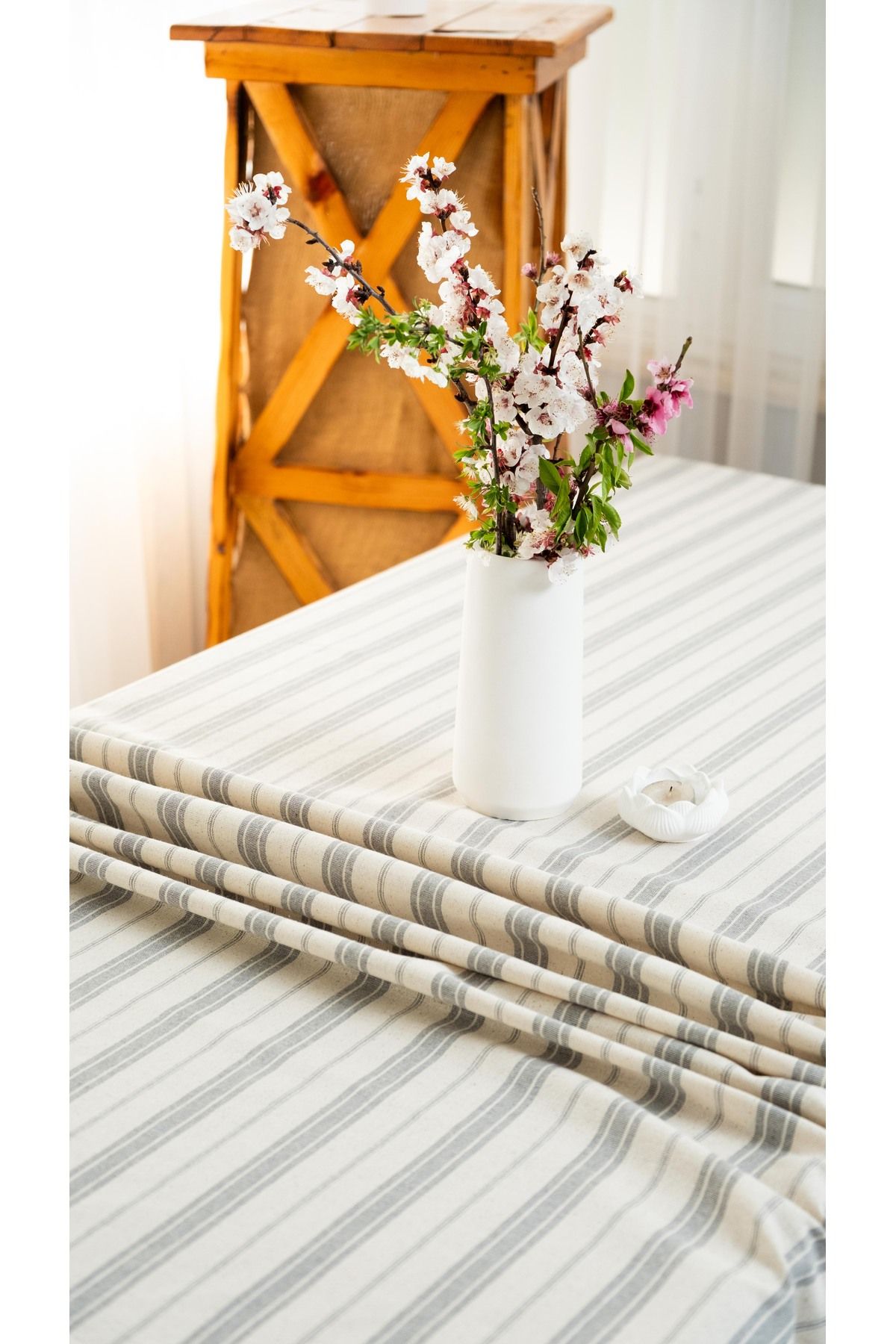 abidehanım Bohem | Gri Çizgili Keten Masa Örtüsü 160 X 220