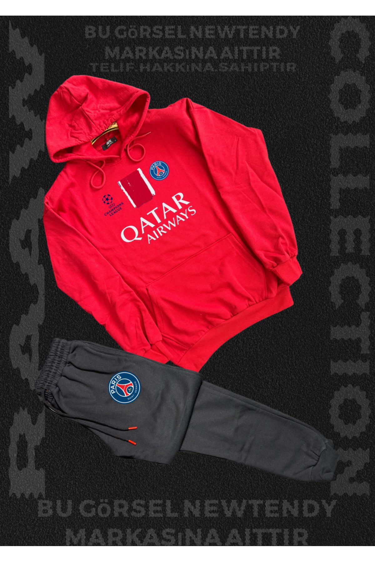 Minikelya Paris Sweatshirt Eşofman Takımı Kapüşonlu Üst Alt Şampiyonlar Ligi Logolu