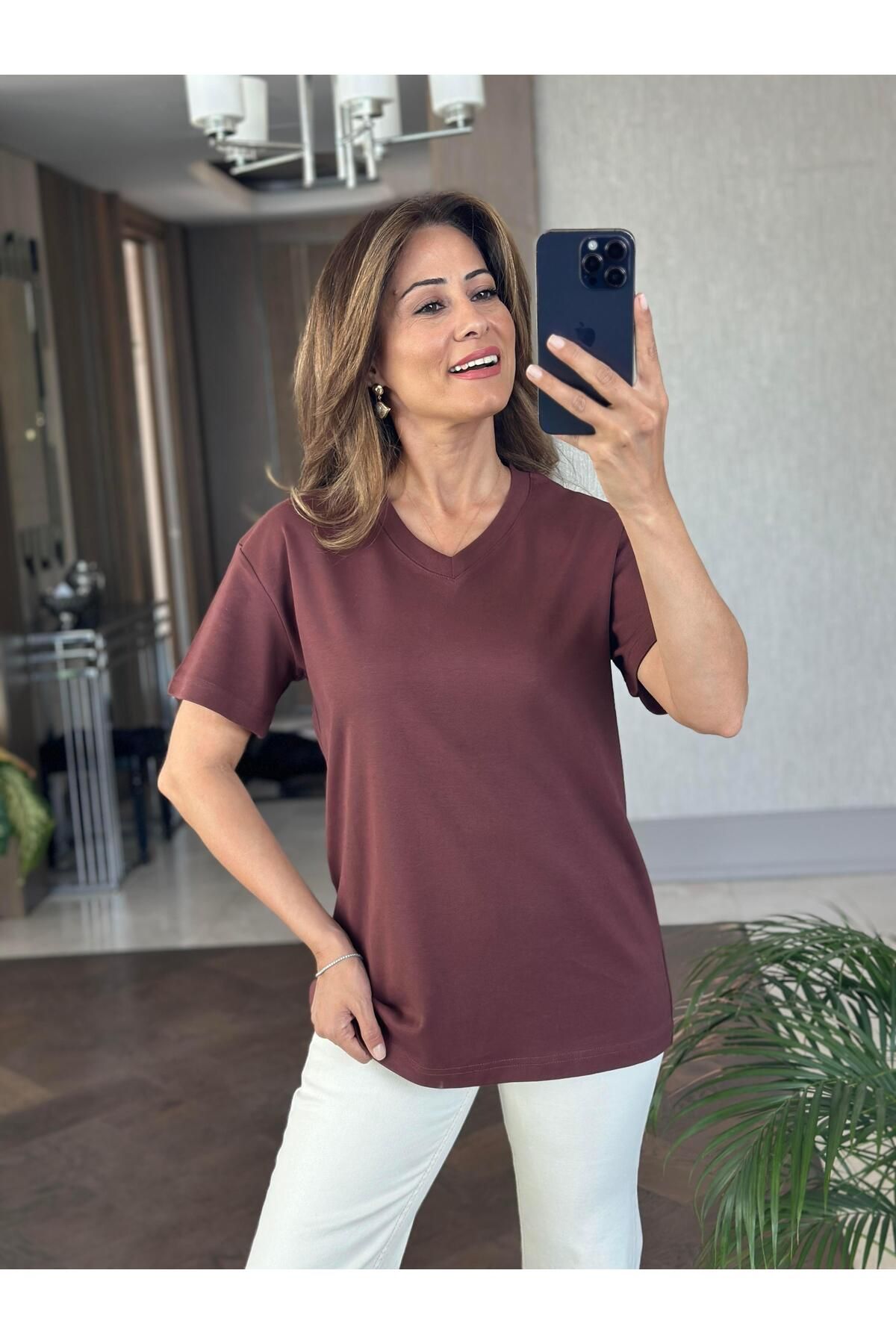 Forlady4 Kahverengi V Yaka MD Model Kadın T-Shirt