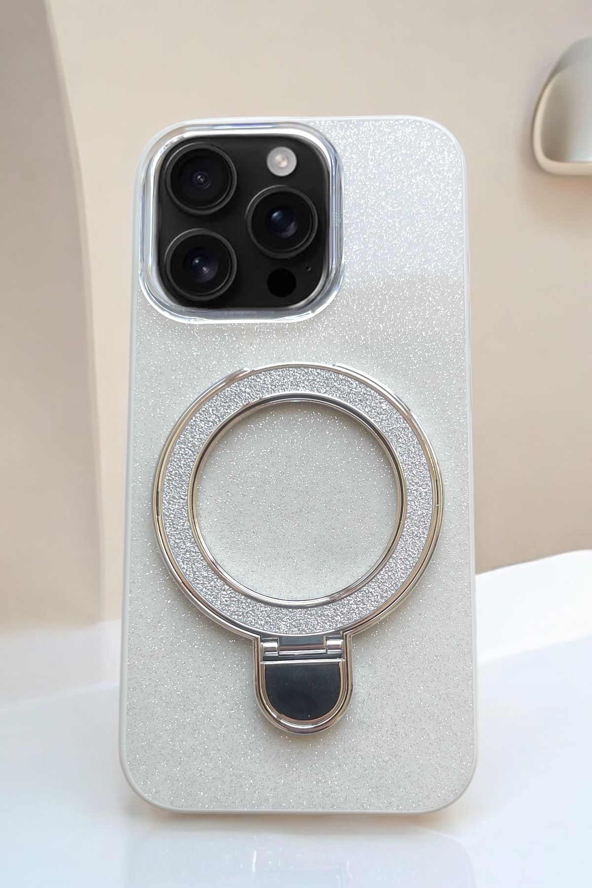 ProNorth Apple İphone 15 Pro Max Uyumlu Kılıf Simli Standlı Tasarım Premium Kılıf
