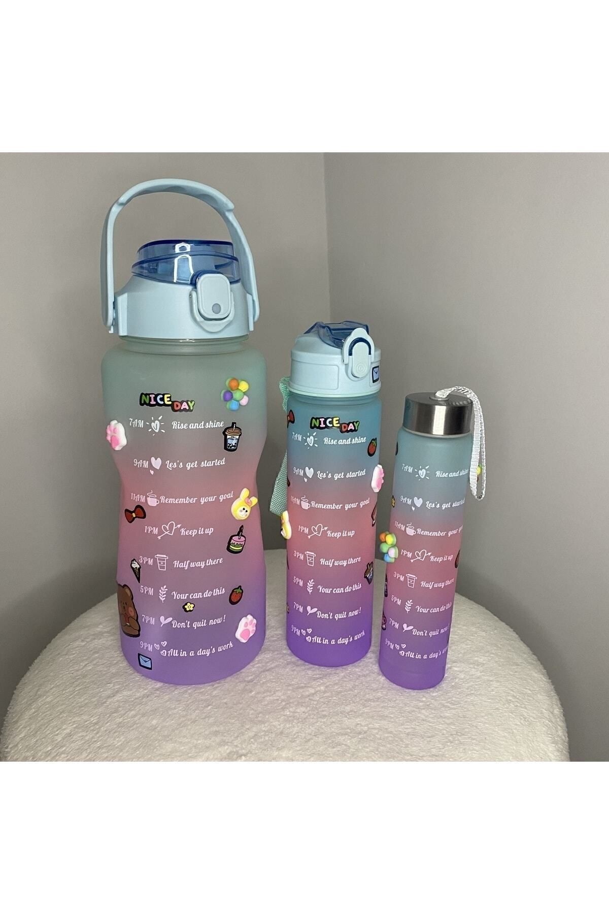 Motivasyonel 3 Lü Set Su Matarası 2 Lt 900 ml 600 ml Tritan Spor Salonu Suluk Pembe - 8
