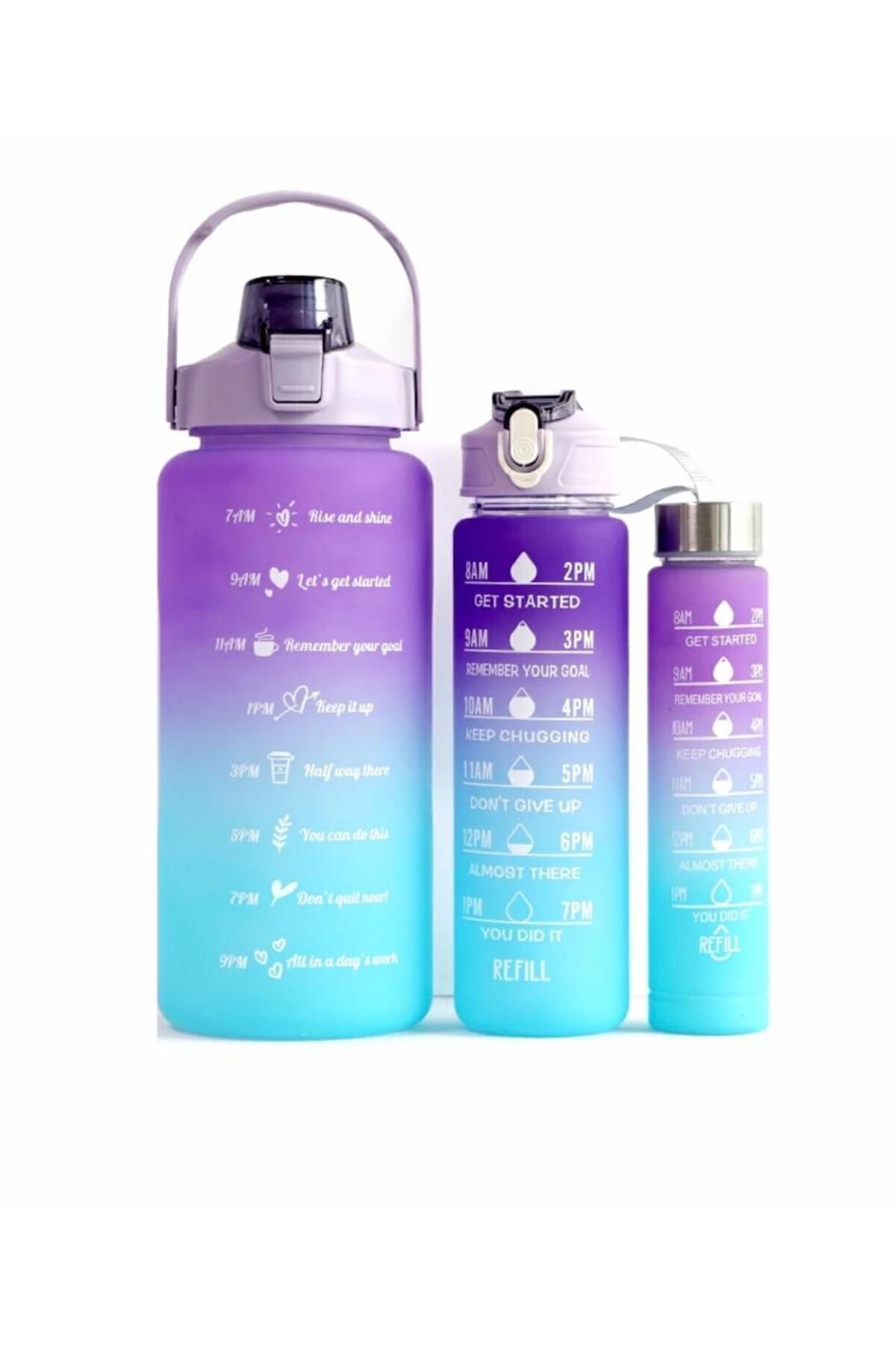 Motivasyonel 3 Lü Set Su Matarası 2 Lt 900 ml 600 ml Tritan Spor Salonu Suluk Pembe - 5
