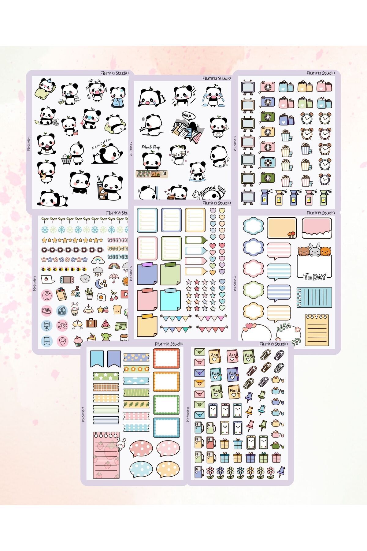 Flurina Studio Kawaii Panda Journaling 8 Sayfa Şeffaf Sticker Seti