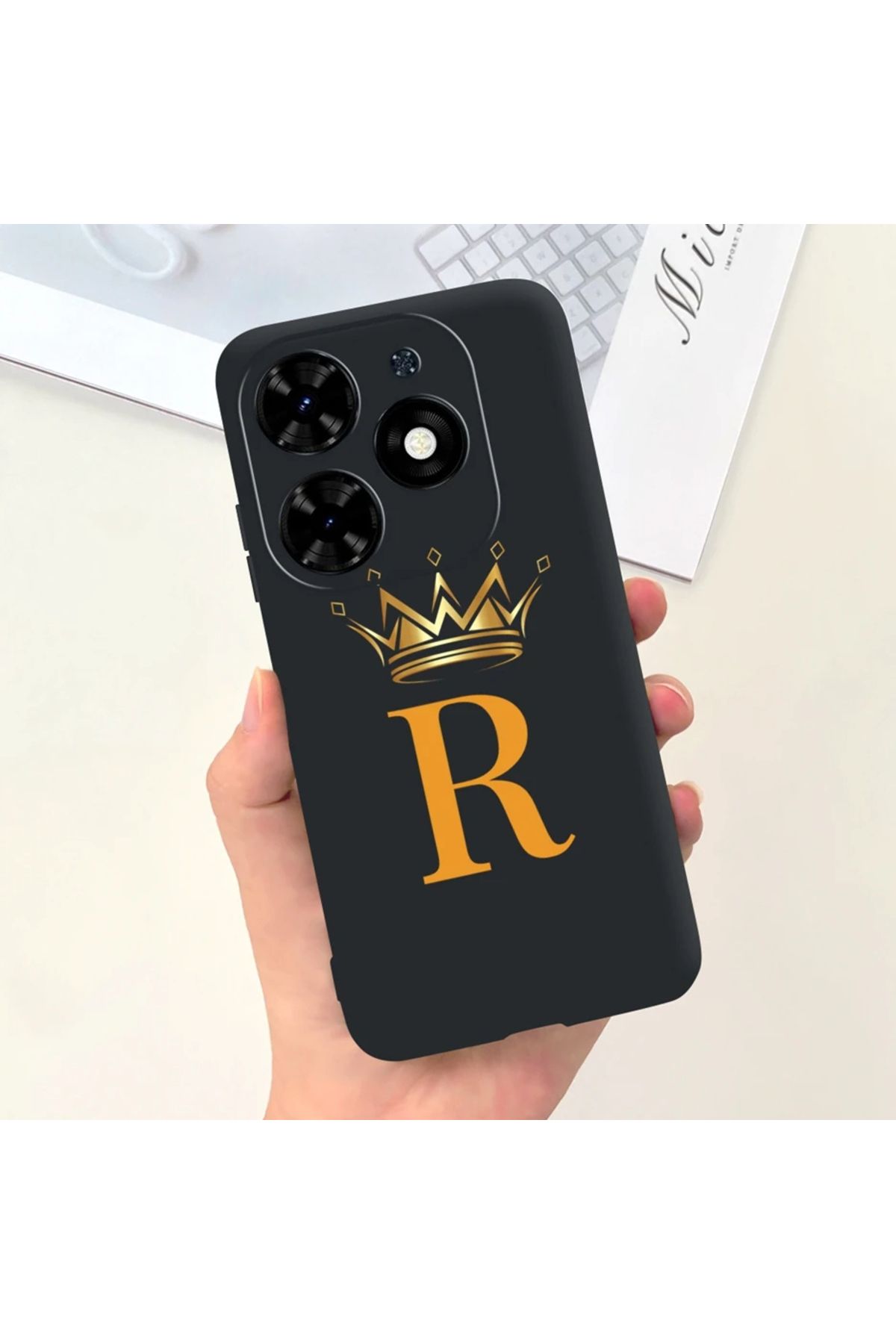Rotaks İnfinix Hot 40 Uyumlu Harfli Taç Baskılı Kişiye Özel Silikon Telefon Kılıfı - R