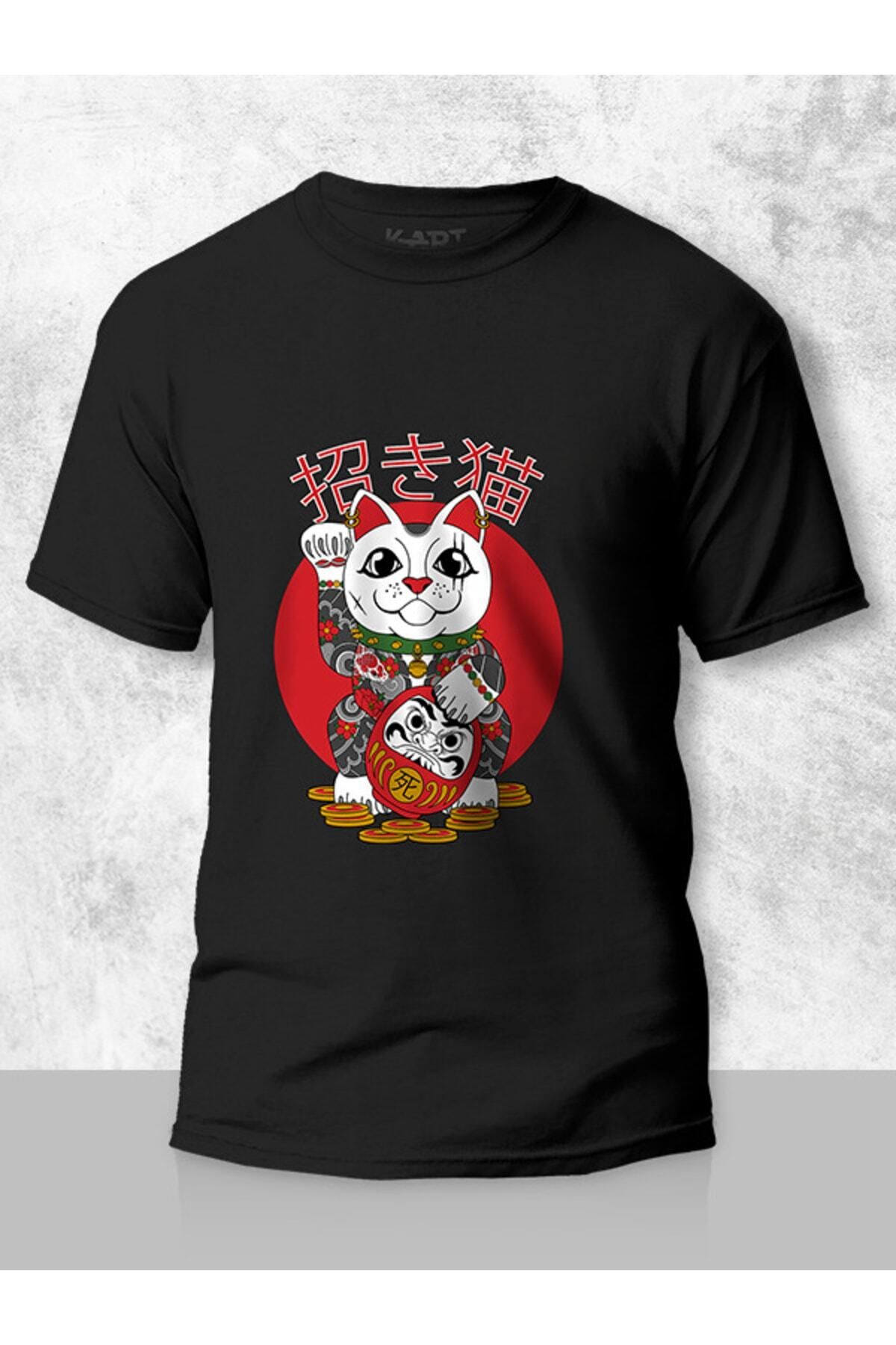 Pisa Art Baskılı Tişört, Maneki Neko Uzak Doğu Kedi Baskı Tasarımlı Unisex Kişiye Özel Tişört Siyah
