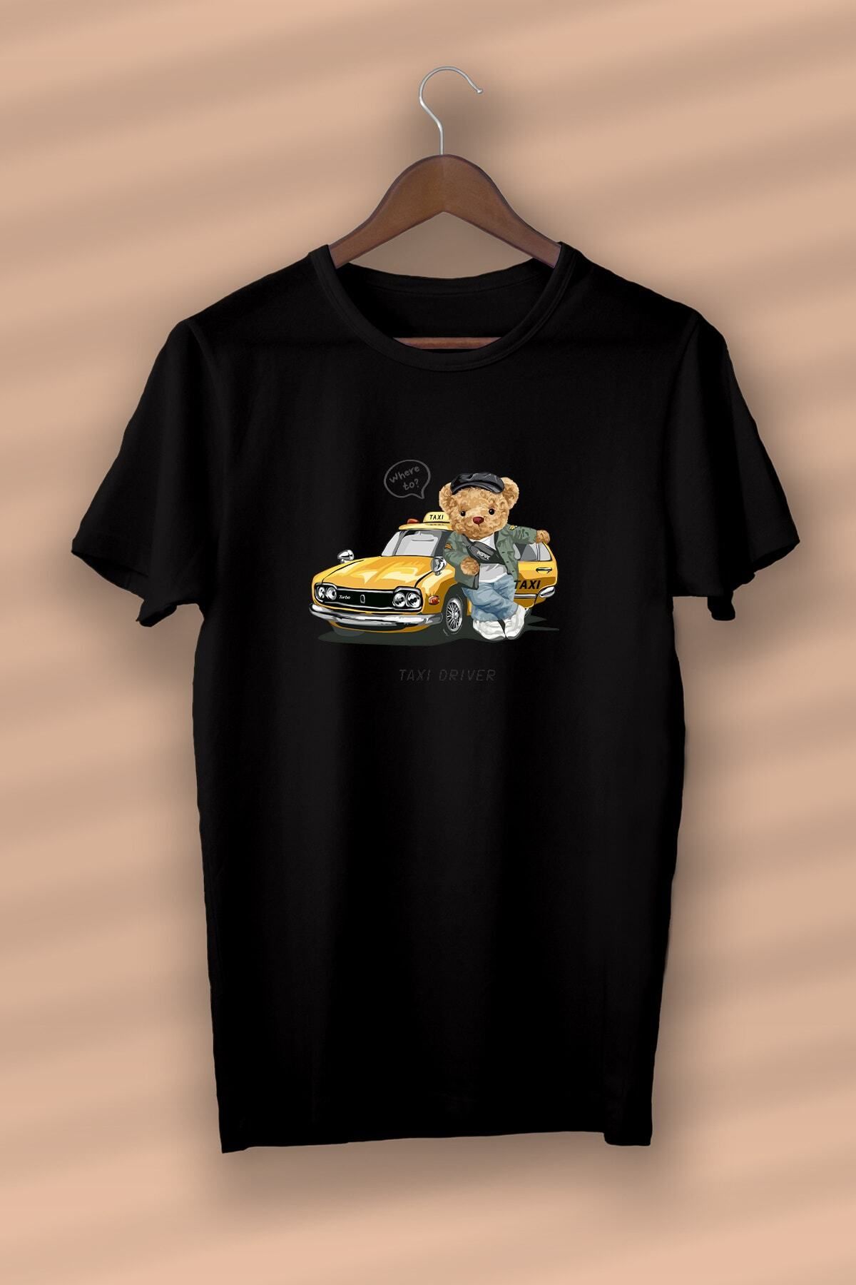Pisa Art Teddy Bear - Taxi Orıver Baskılı Organik Pamuk Siyah Unisex - Kadın - Erkek - T-shirt