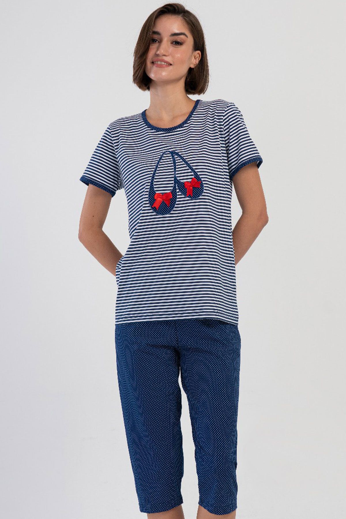 VİENETTA Pamuklu Kadın Kısa Kol Kaprili Pijama Takım , 407018