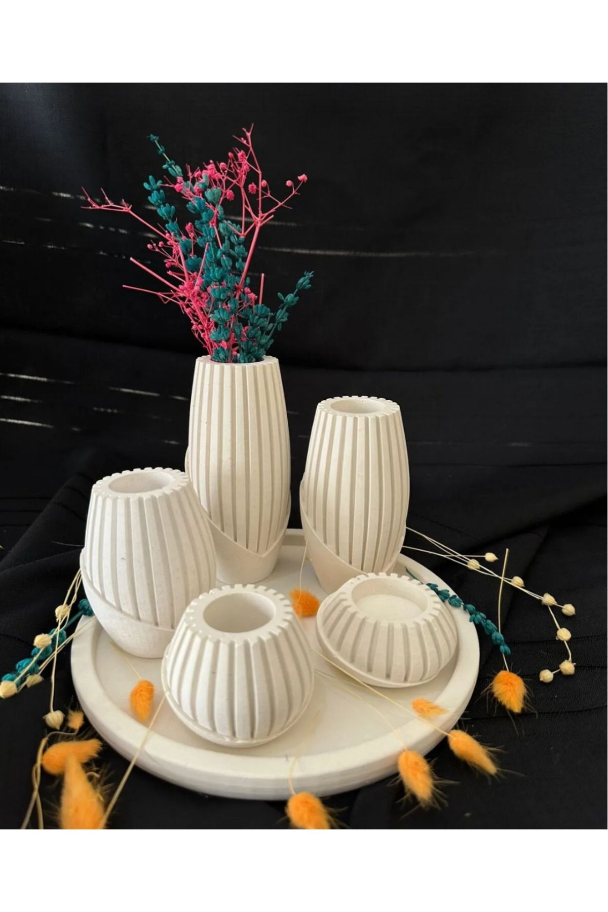 idl dekorasyon Beton Harmanı Tabaklı-Mumluk Vazo Set