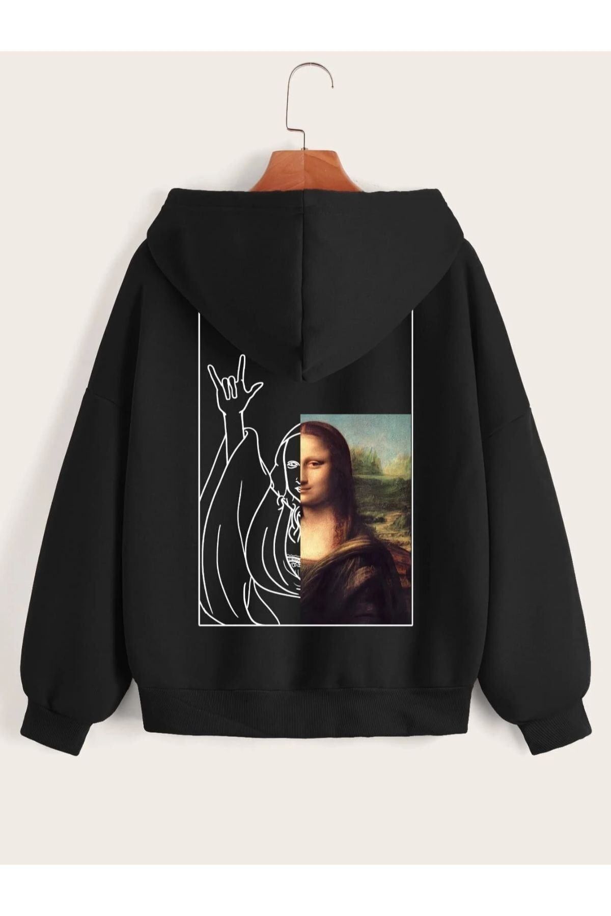 Pisa Art Unısex Siyah Monalısa Baskılı Oversize Kapşonlu Sweatshirt