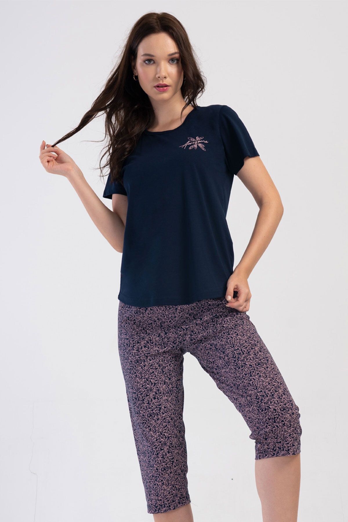 VİENETTA Pamuklu Kadın Kısa Kol Kaprili Pijama Takım , 405019