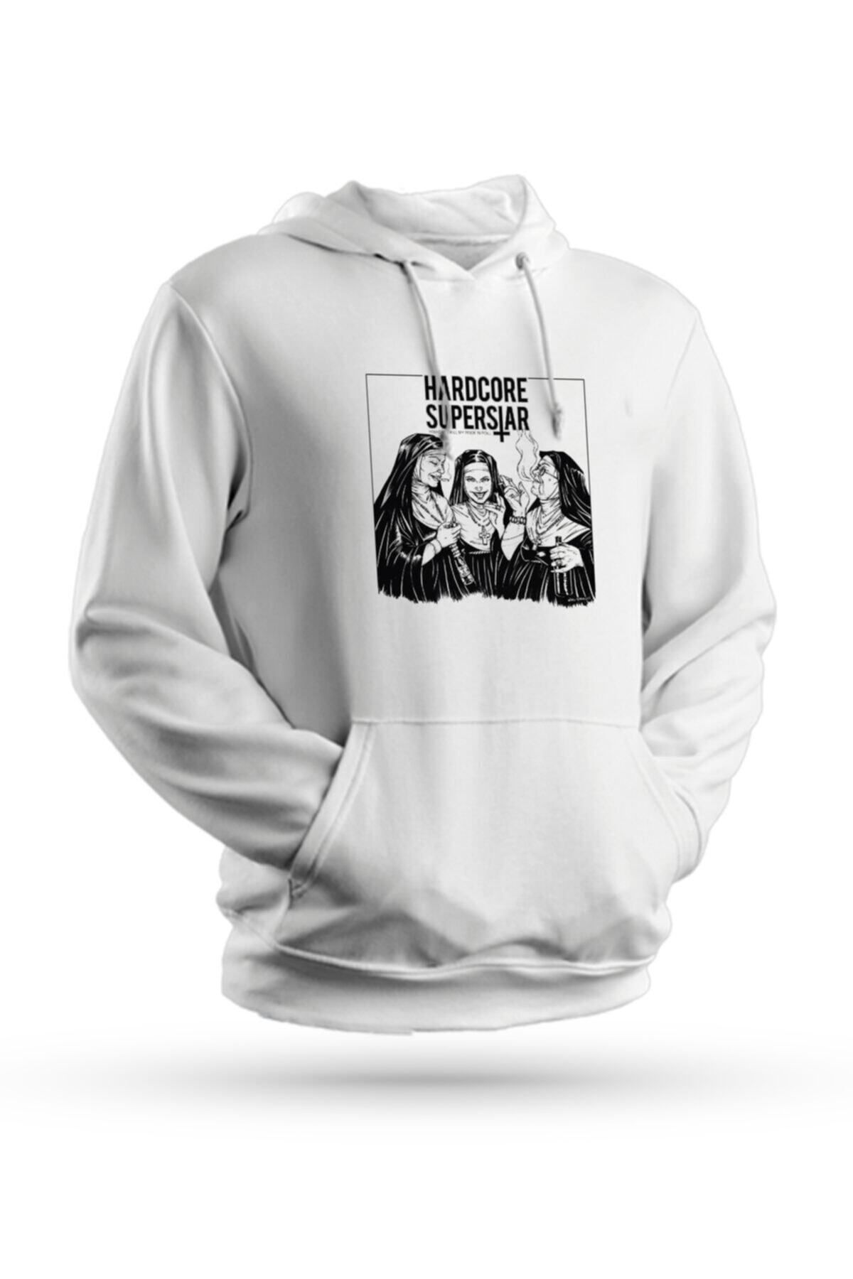 Pisa Art Hardcore Superstar Baskılı Beyaz Unisex Kapüşonlu Sweatshirt