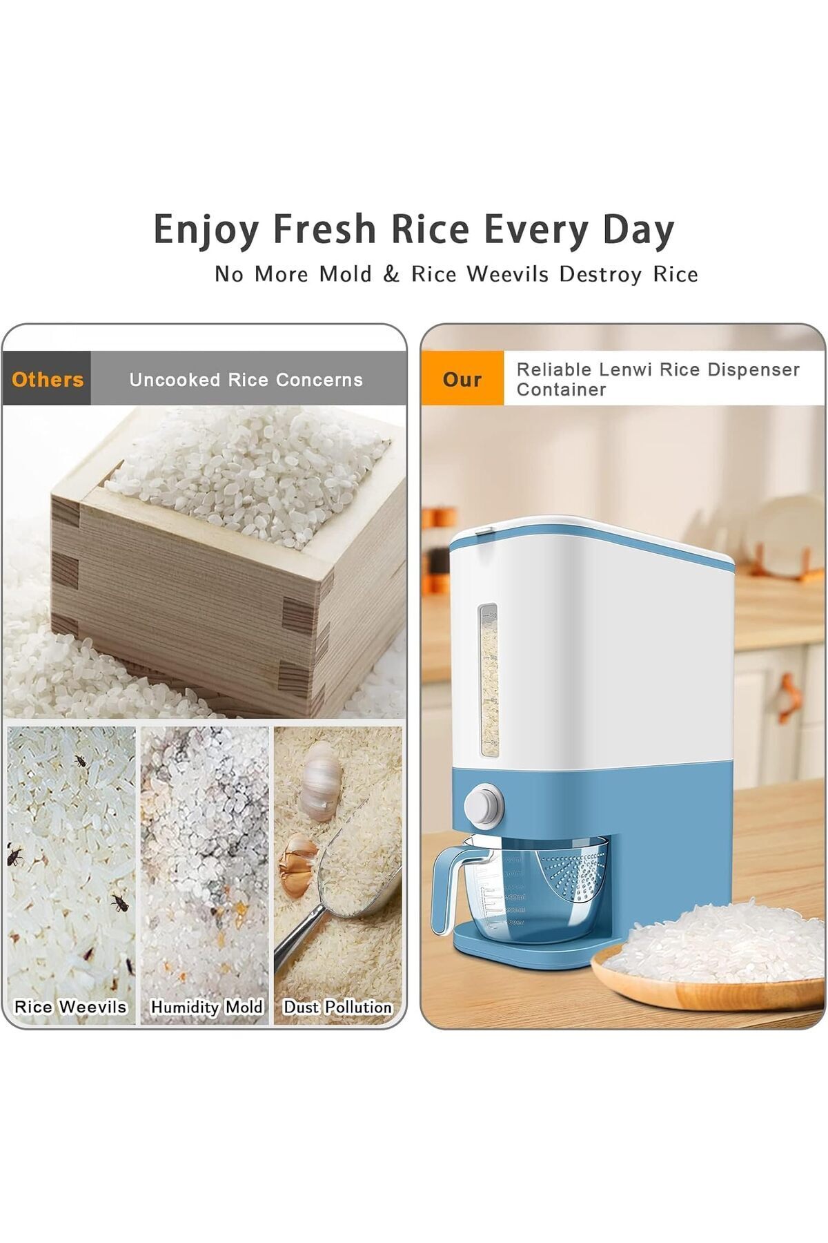 موزع الحبوب بسعة 11لتر مع كوب قياس بدرج واحد محكم الغلق ومقاوم للرطوبة لتخزين الأرز و كورن فليكس