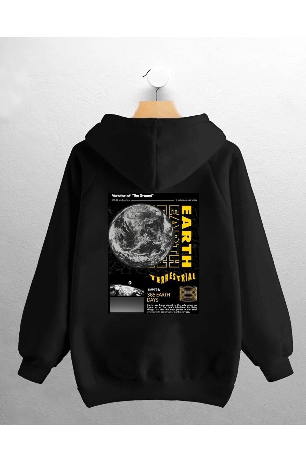 Pisa Art Unisex Oversize Siyah Earth Baskılı Swetshirt