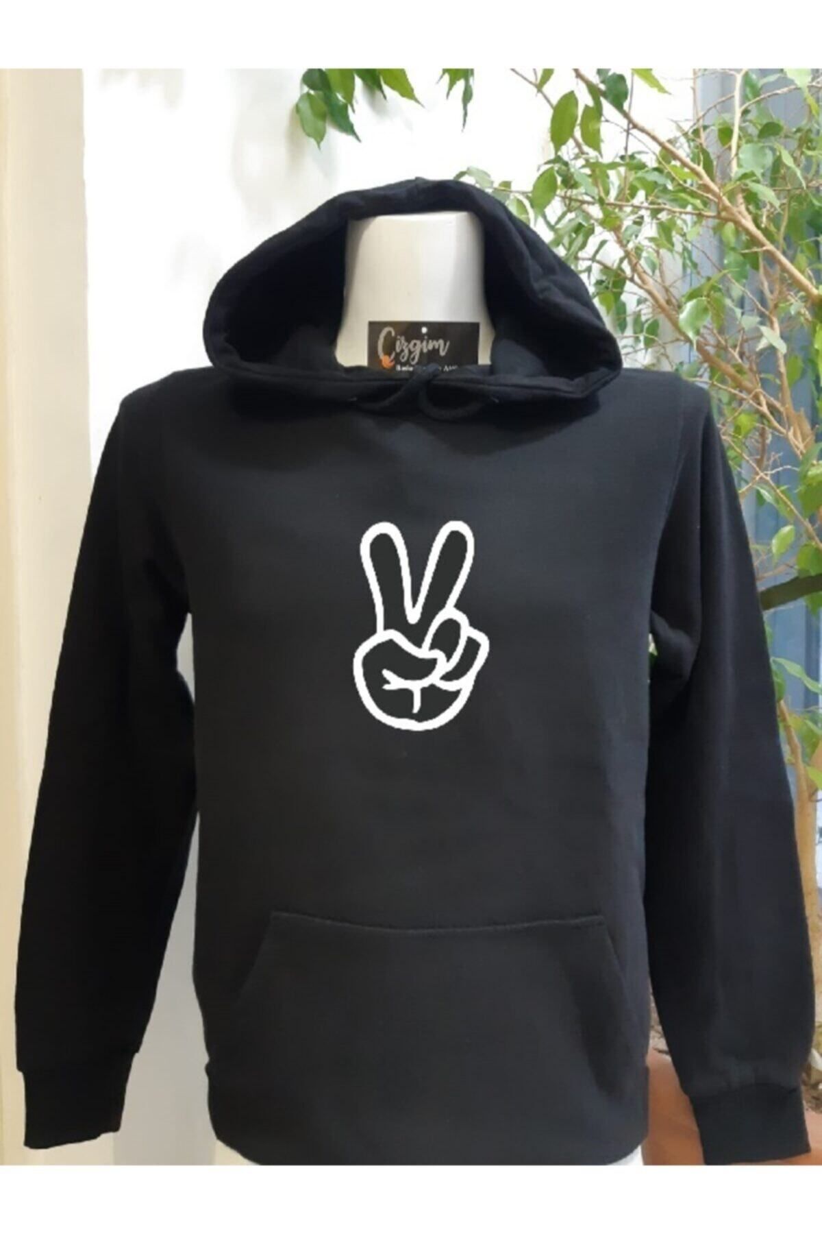 Pisa Art Unisex Siyah Kapüşonlu Peace Baskılı Sweatshirt