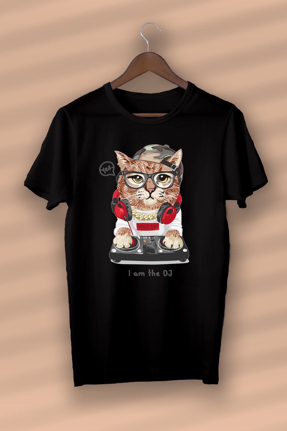 Pisa Art Cat - I Am The Dj Baskılı Organik Pamuk Siyah Unisex - Kadın - Erkek- T-shirt Nux Boutique