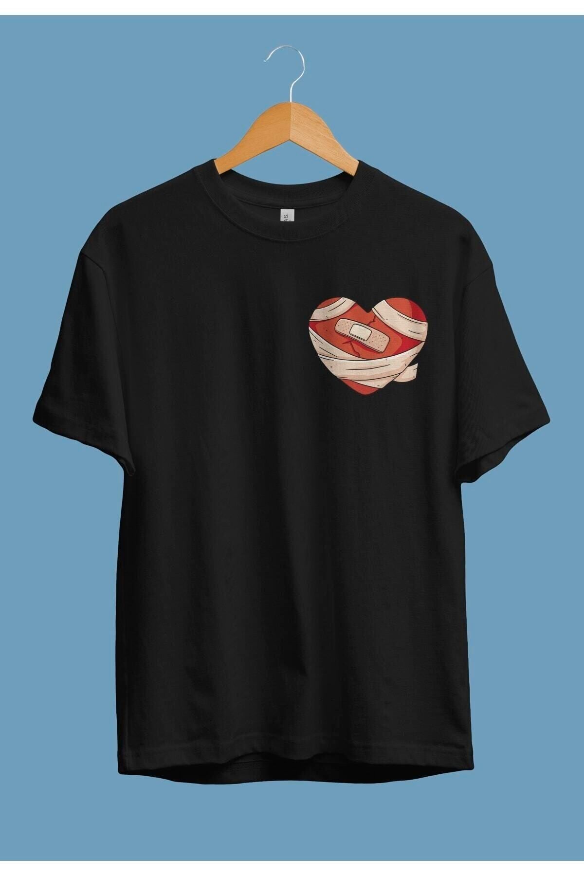 Pisa Art Oversize Kalp Kırık Sargı Bant Cep Tasarım Baskılı Unisex Tişört