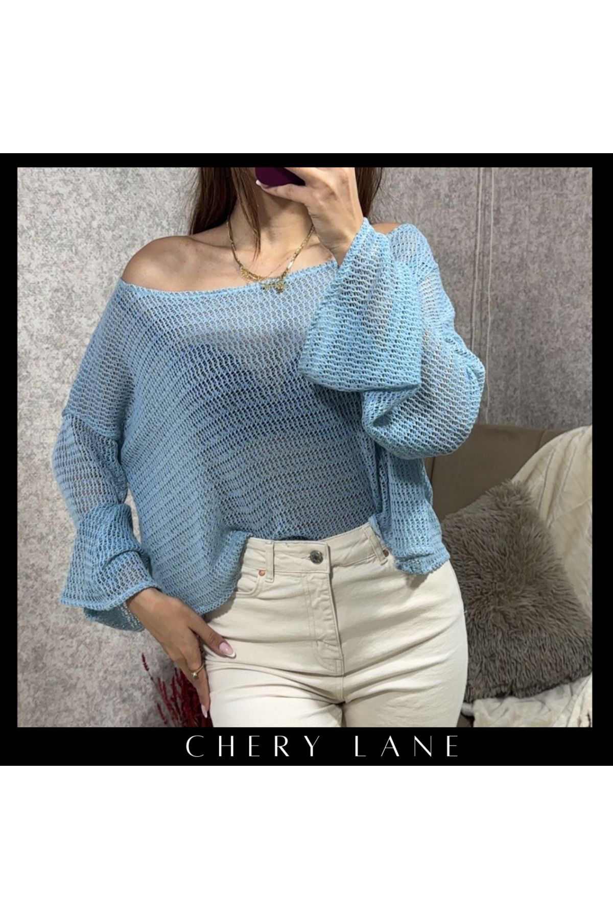 Cherry Lane Kayık Yaka Uzun Kollu Ajurlu Desen Bebek Mavisi %100 Pamuk Bluz