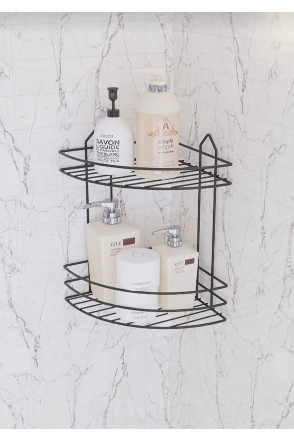 YÜCEKAYA TİCARET İki katlı yapışkanlı siyah metal banyo köşeliği banyo rafı, iki katlı şampuanlık, sabunluk süngerlik