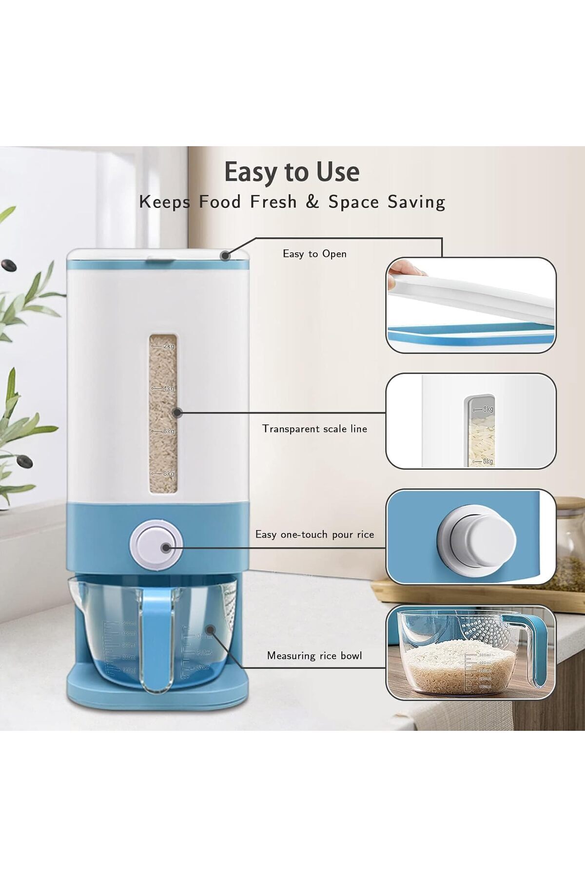 موزع الحبوب بسعة 11لتر مع كوب قياس بدرج واحد محكم الغلق ومقاوم للرطوبة لتخزين الأرز و كورن فليكس