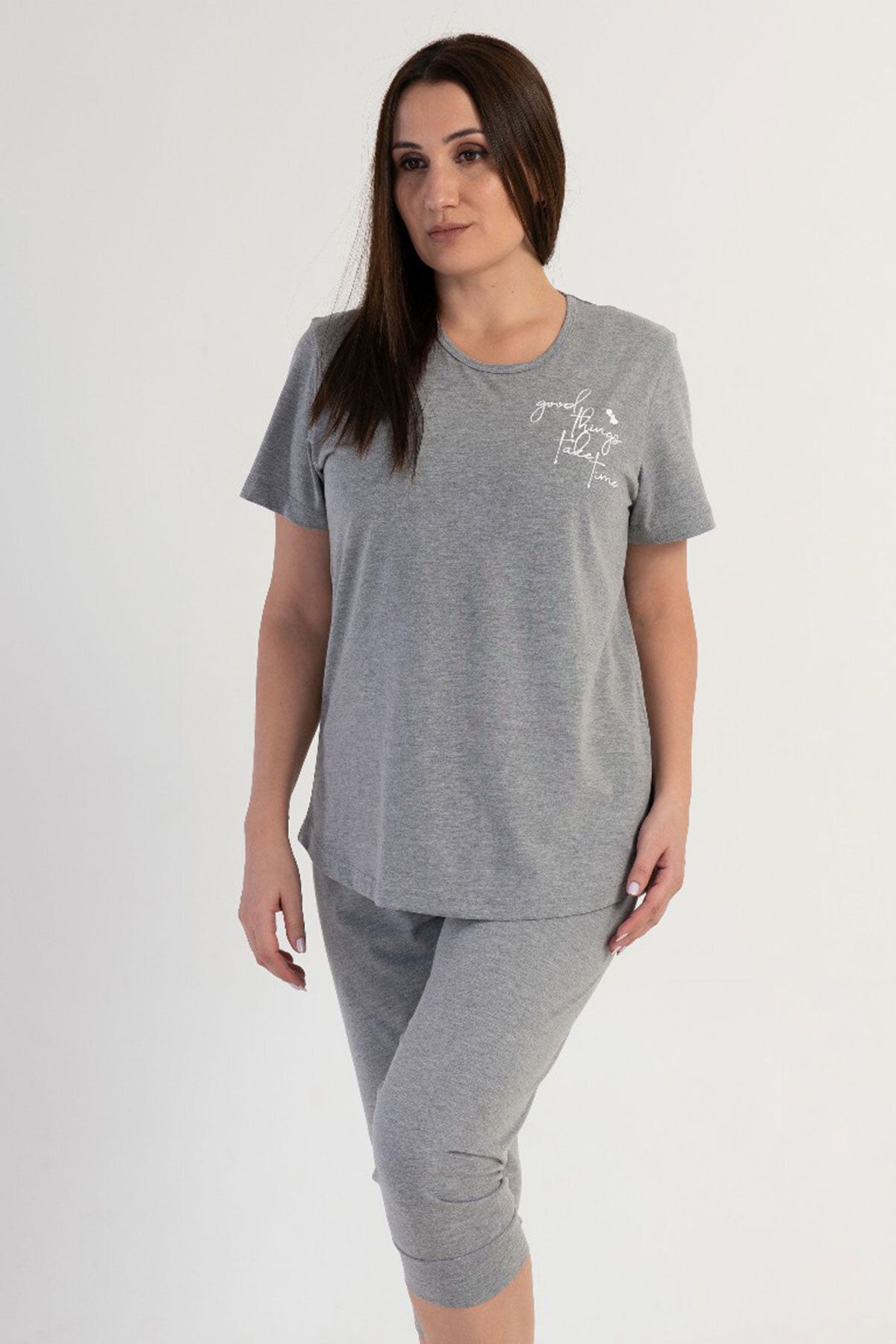 VİENETTA Kadın Büyük Beden Kısa Kol Kaprili Pijama Takım , 312041