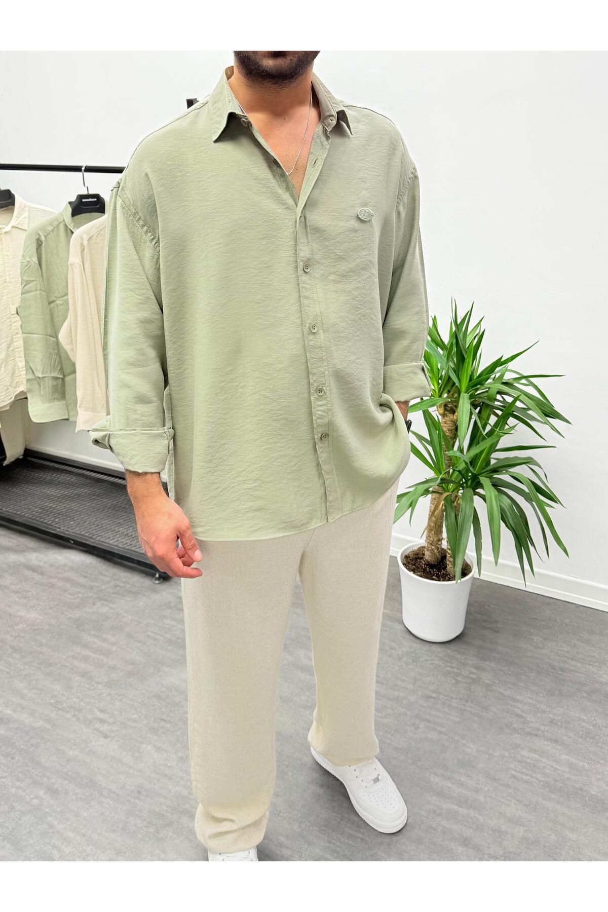 MENOFOURSWEAR Haki Modal Kumaş Oversize Gömlek