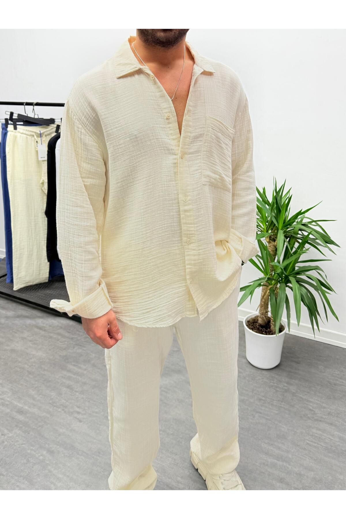 MENOFOURSWEAR Krem Müslin Kumaş Oversize Gömlek