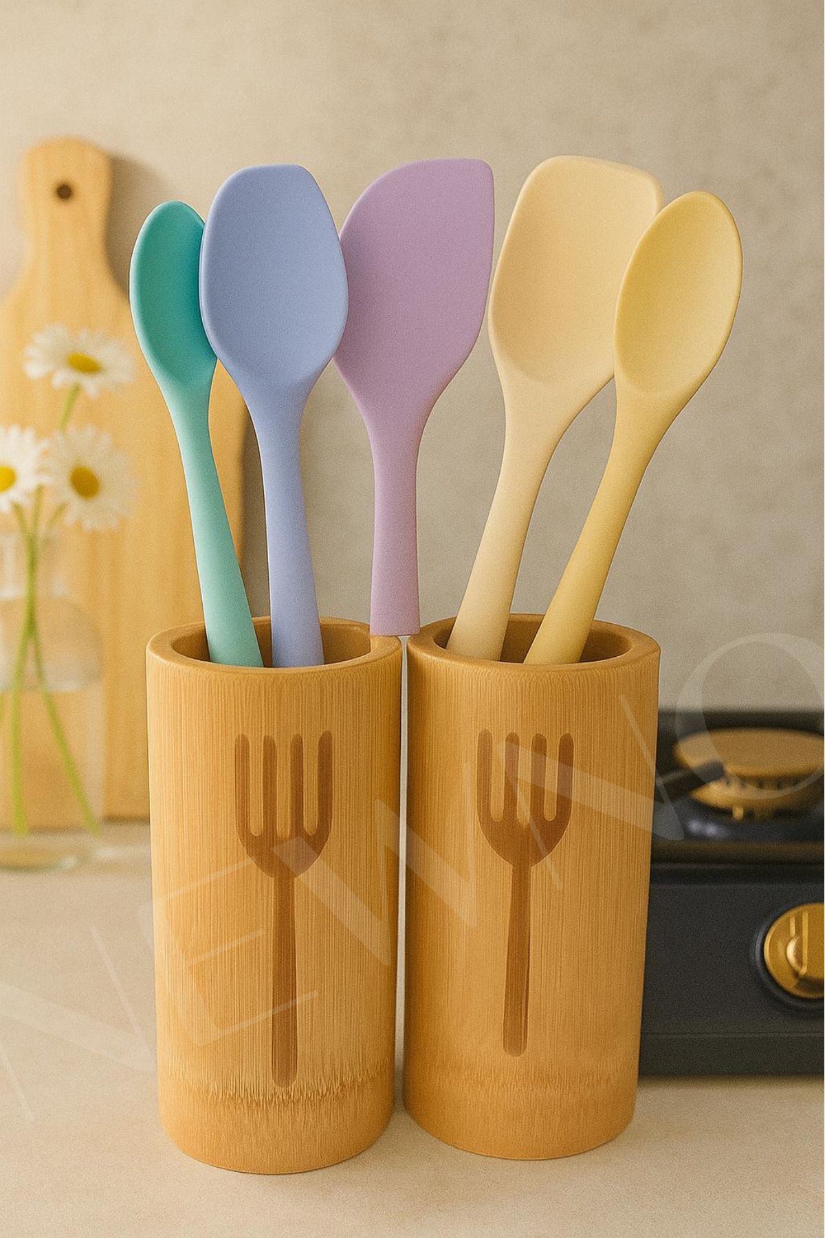 NEWNOW Bambu Fügürlü Kaşıklı, 2 Li Bambu Kaşılık