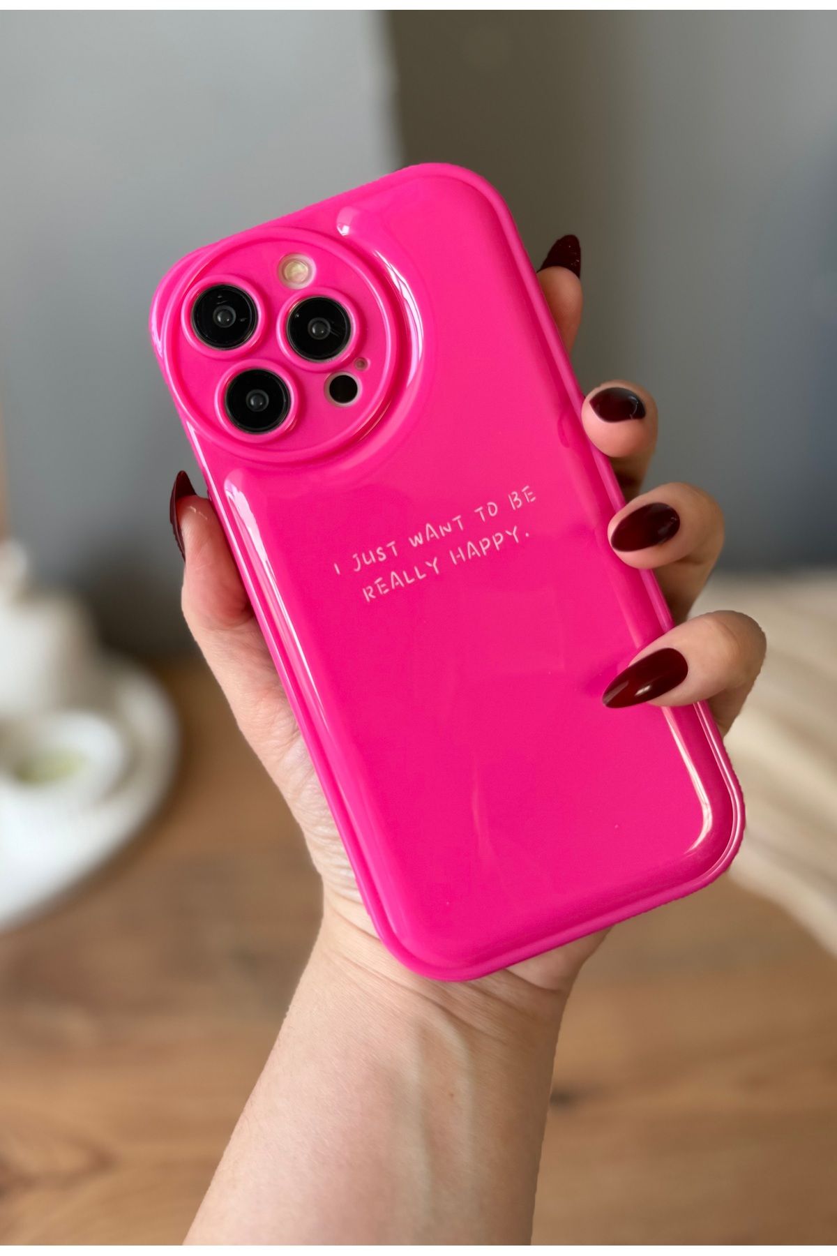 MirazTasarim IPHONE 15 PROMAX FUŞYA YAZI DETAYLI PARLAK KILIF