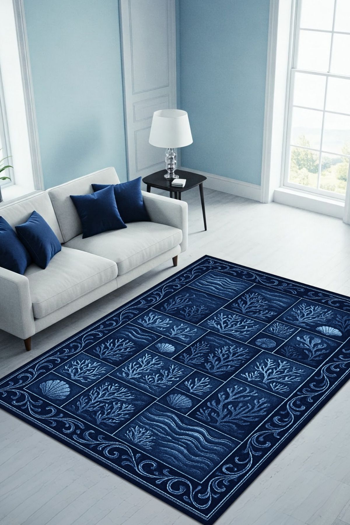 The Reef Design Lacivert Mercan Desenli Patchwork Eskitme Halı Dijital Baskılı Kaymaz Yıkanabilir Salon Halısı