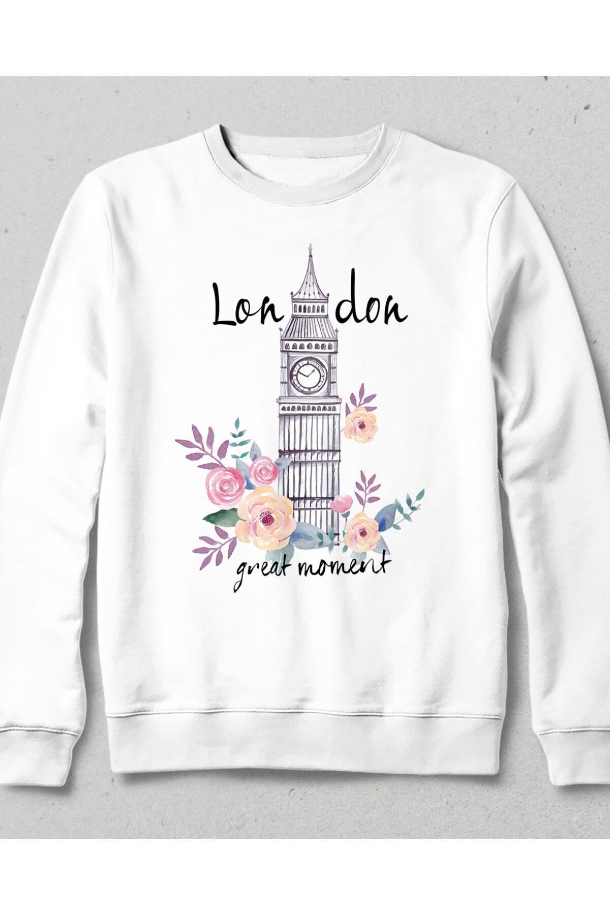 Pisa Art Kadın London Beyaz Cepsiz Kapşonsuz Sweatshirt