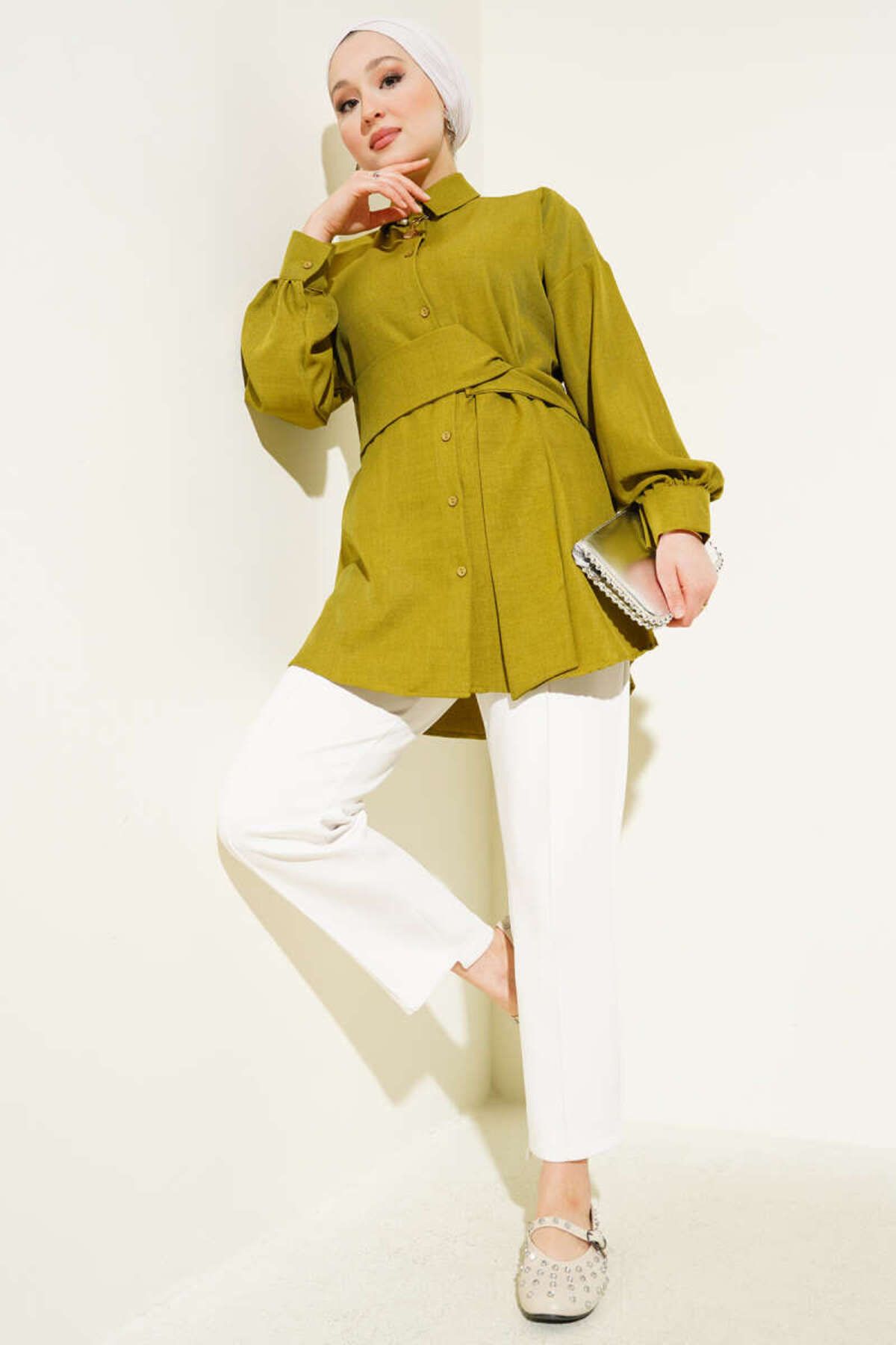 YAZGI MODA Kendinden Geniş Kuşaklı Gömlek Fıstık Yeşili