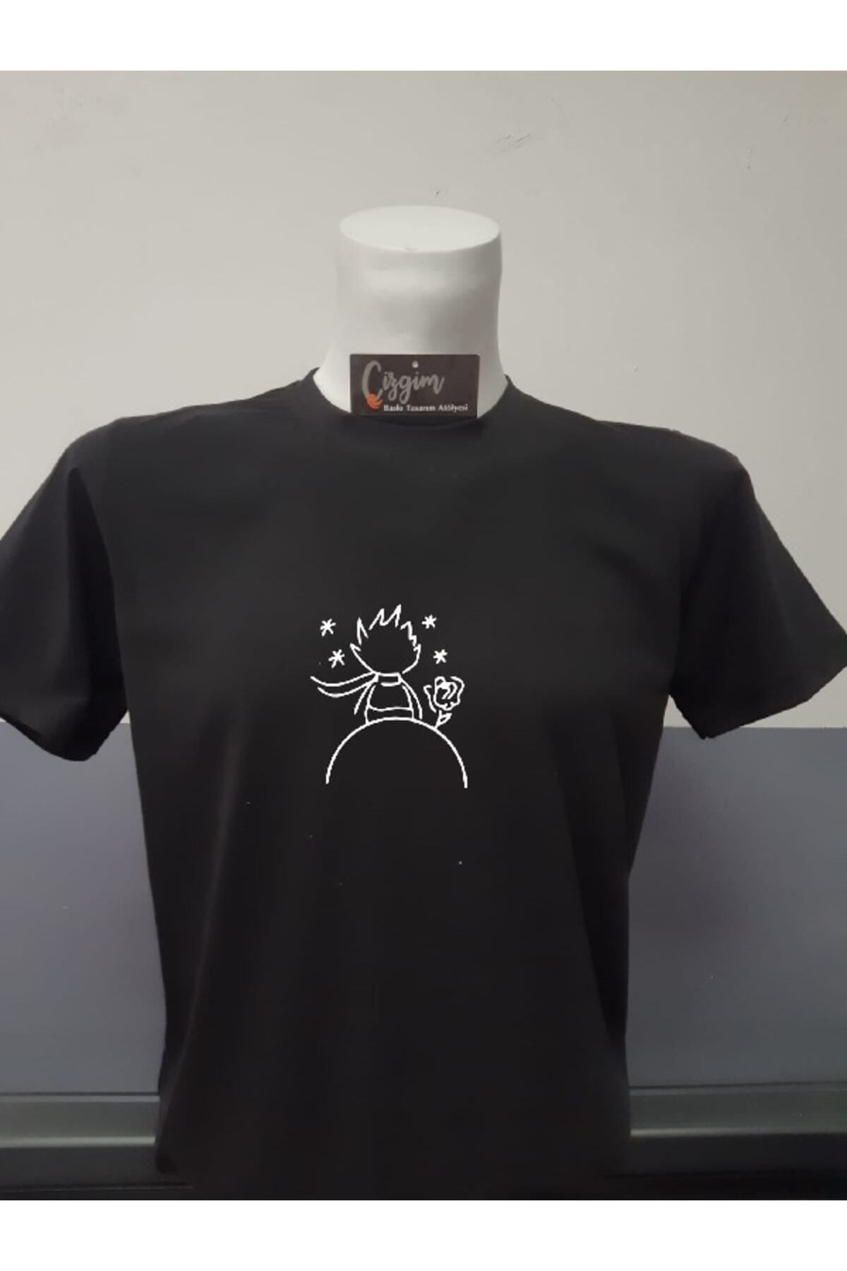 Pisa Art Unisex Küçük Prens ( Minimal Silüet ) Baskılı Siyah Tişört