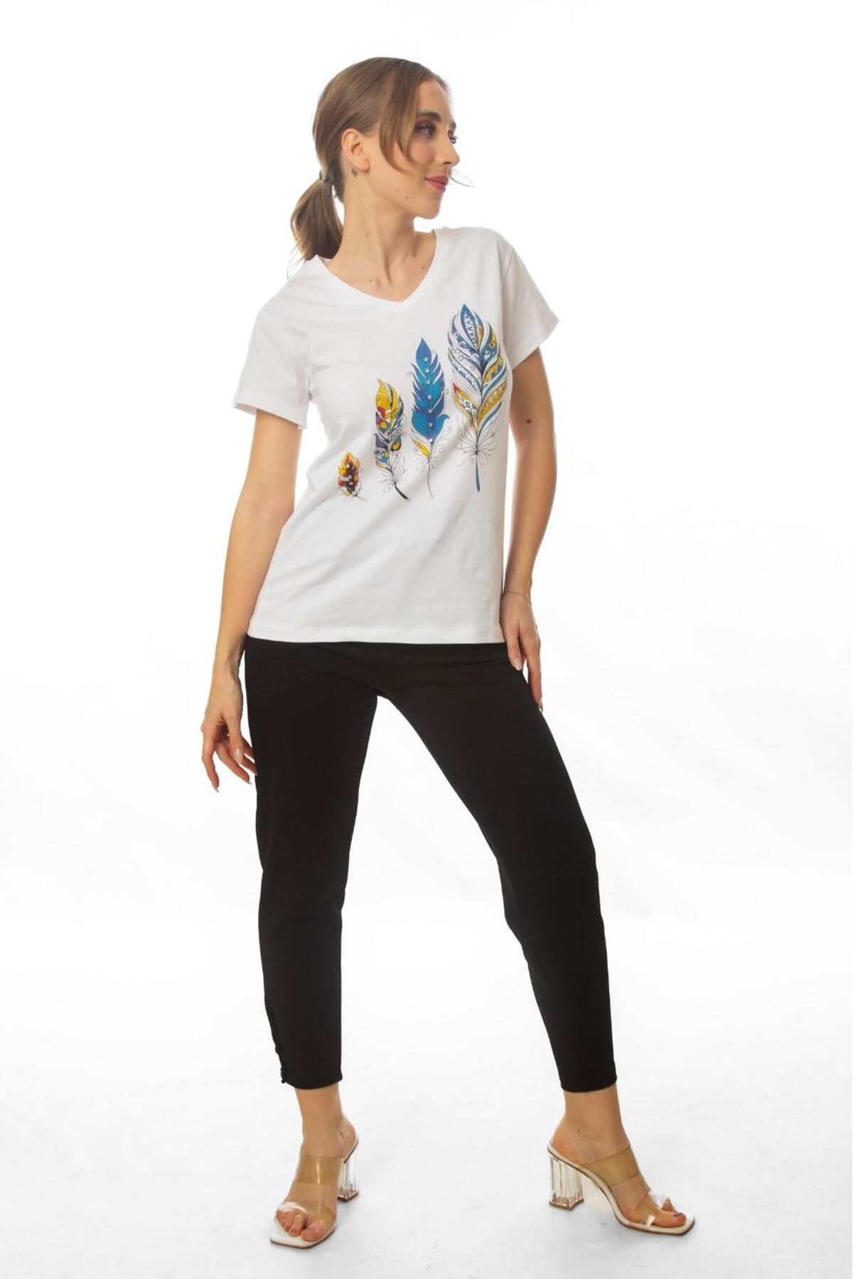 SRANU V Yaka tüy baskılı T-Shirt