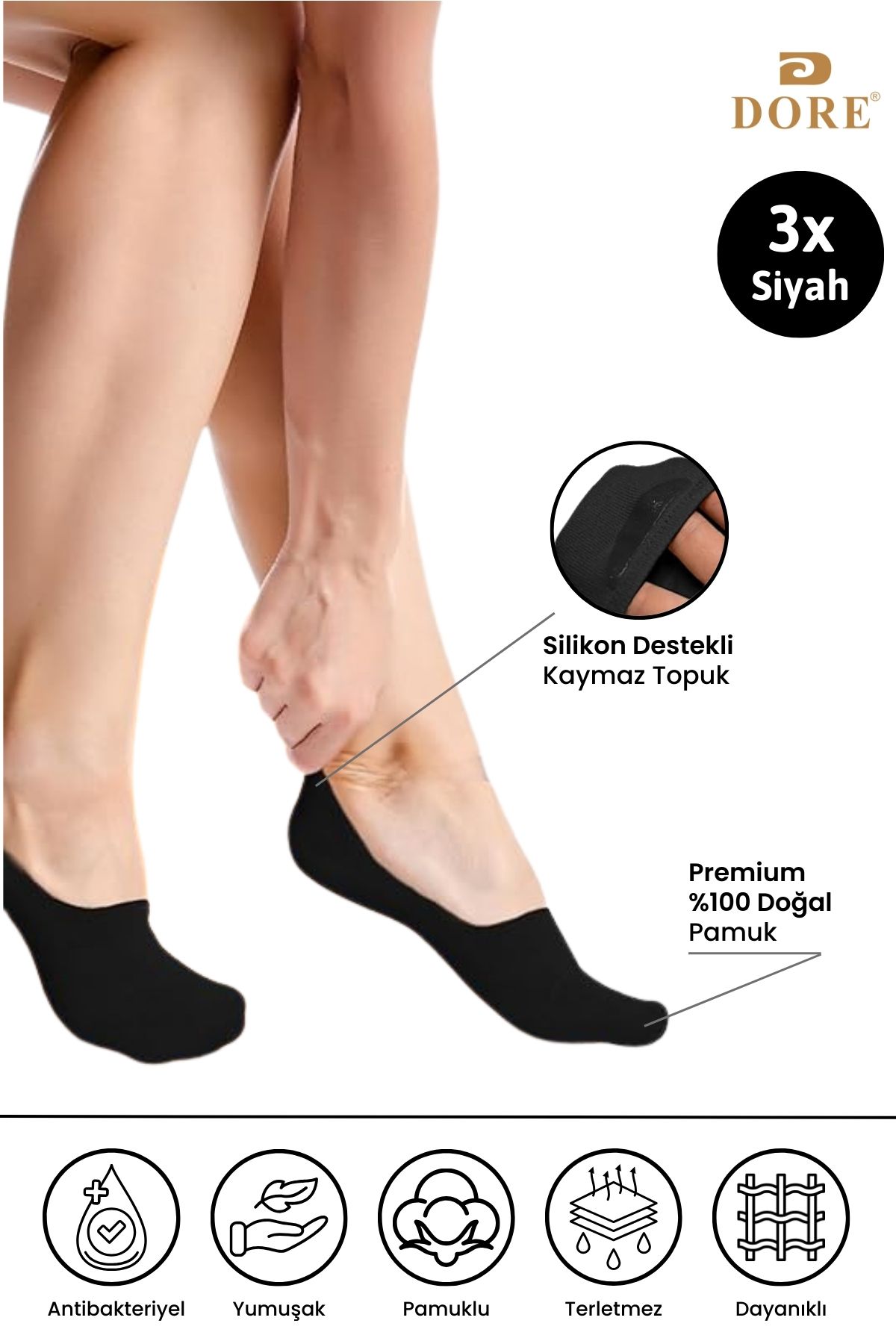 Dore Orijinal 3 Çift Kaydırmaz Topuklu Konfor Modeli Kaymaz Silikon Topuk Yazlık Görünmez Babet Çorabı