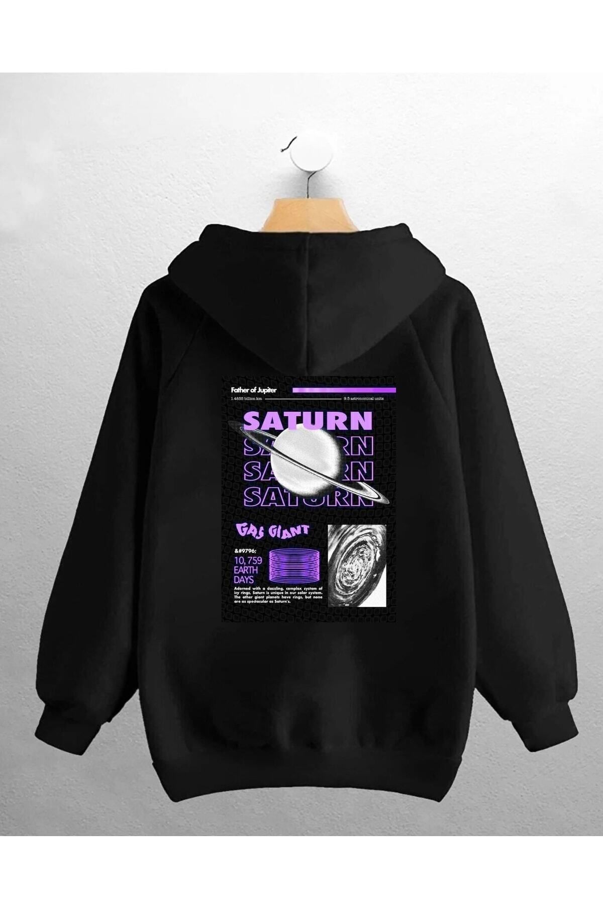 Pisa Art Unisex Oversize Siyah Satürn Baskılı Swetshirt
