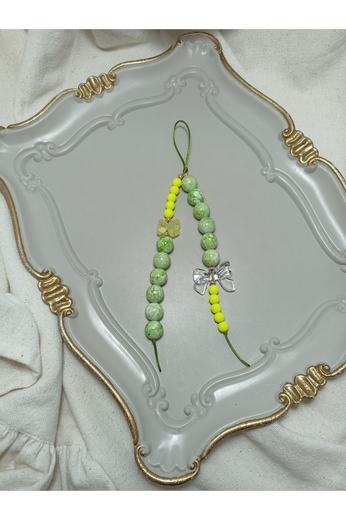 ida design store neon sarı ve ebruli yeşil boncuk ile ayıcık ve fiyonk detaylı çanta ve telefon charmı