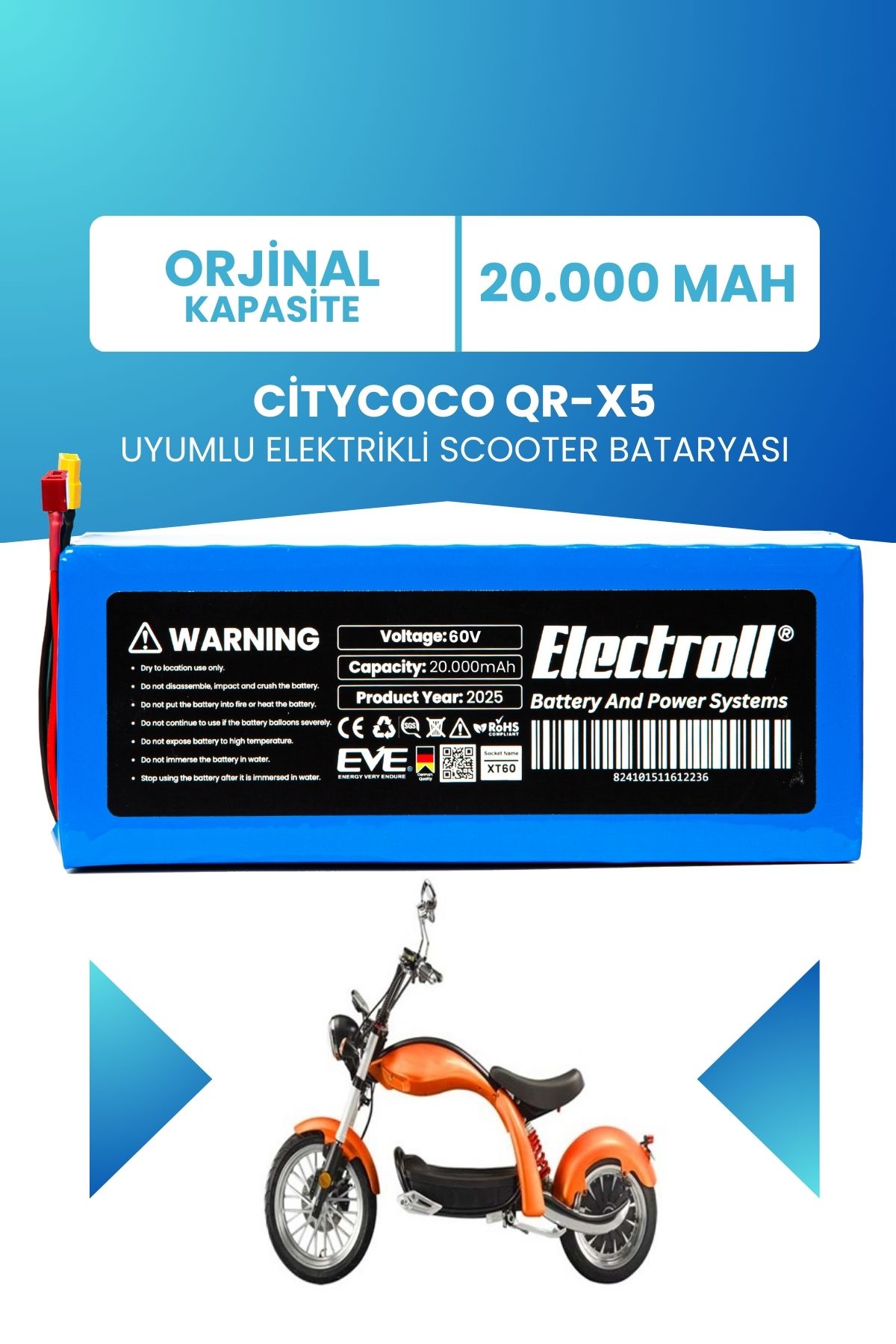 ELECTROLL Citycoco QR-X5 Scooter Batarya ( KAPASİTE) LiFePO4 60V 20AH Elektrikli Scooter Bataryası