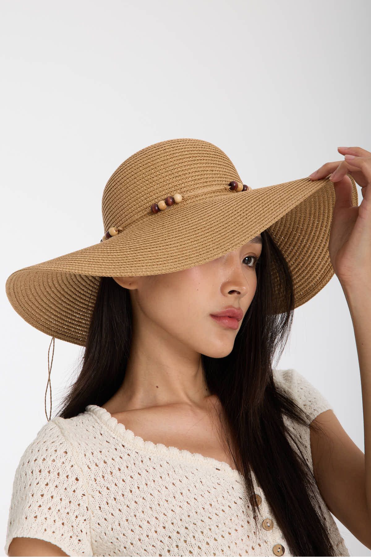 Moda Days İp Şeritli Boncuk Detaylı Camel Hasır Plaj Şapkası