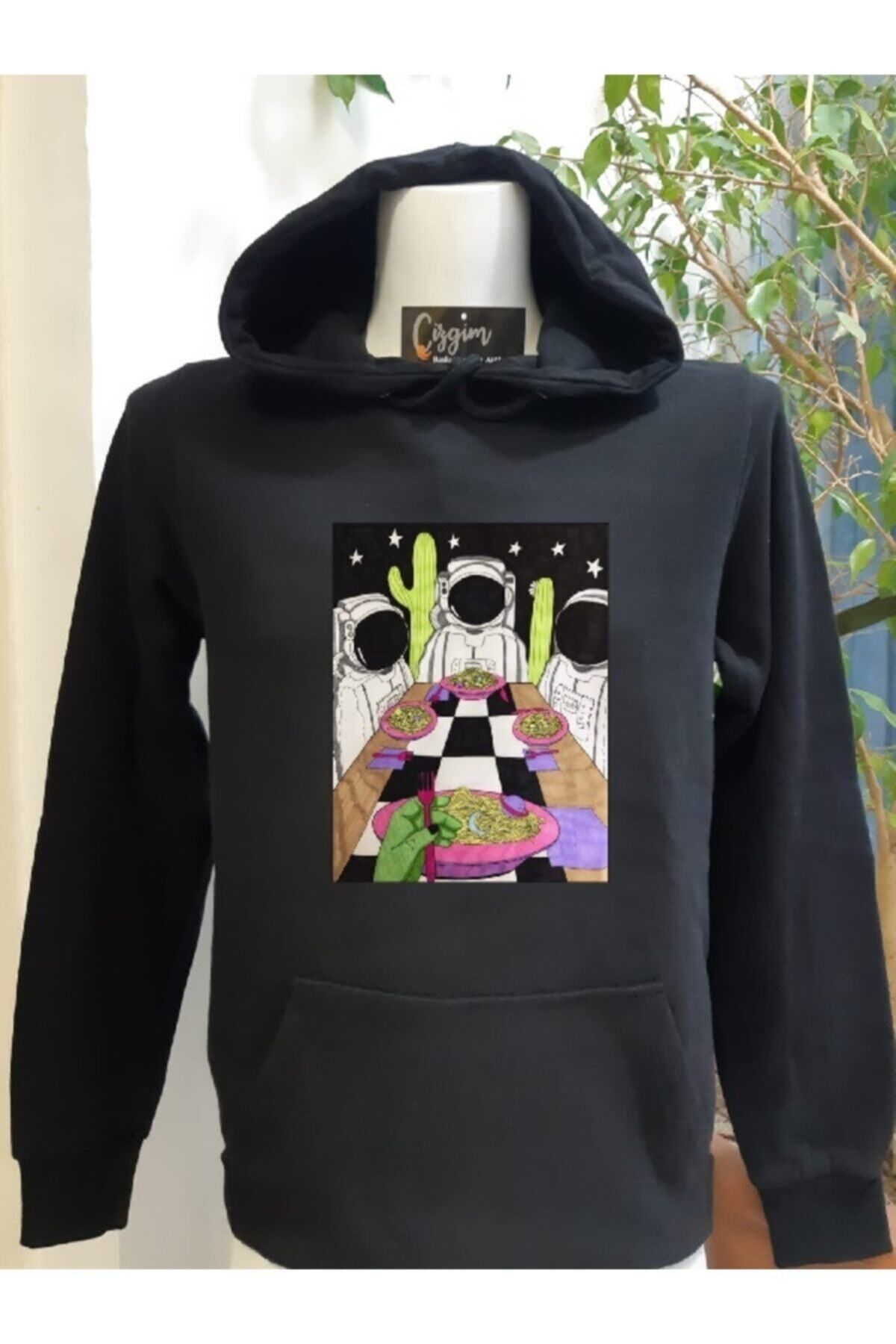 Pisa Art Unisex Siyah Kapüşonlu Uzay (spagetti) Baskılı Sweatshirt