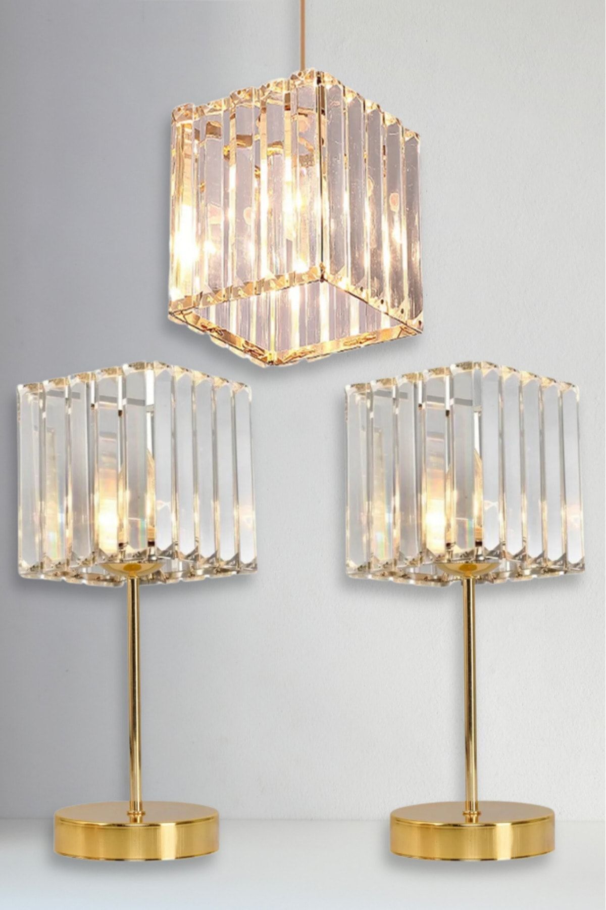 Art&Gift Metal Kristal Camlı Sarkıt Avize ve Abajur Seti Yatak Odası Abajur Salon Avize