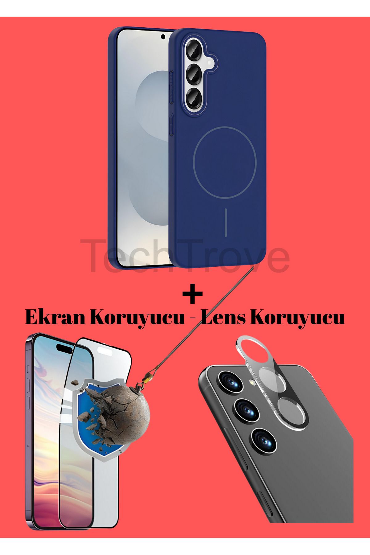 TechTrove Samsung Galaxy S24 Kılıf Magsafe Özellikli Kamera Koruma ve Ekran Koruyucu 3'lü Set