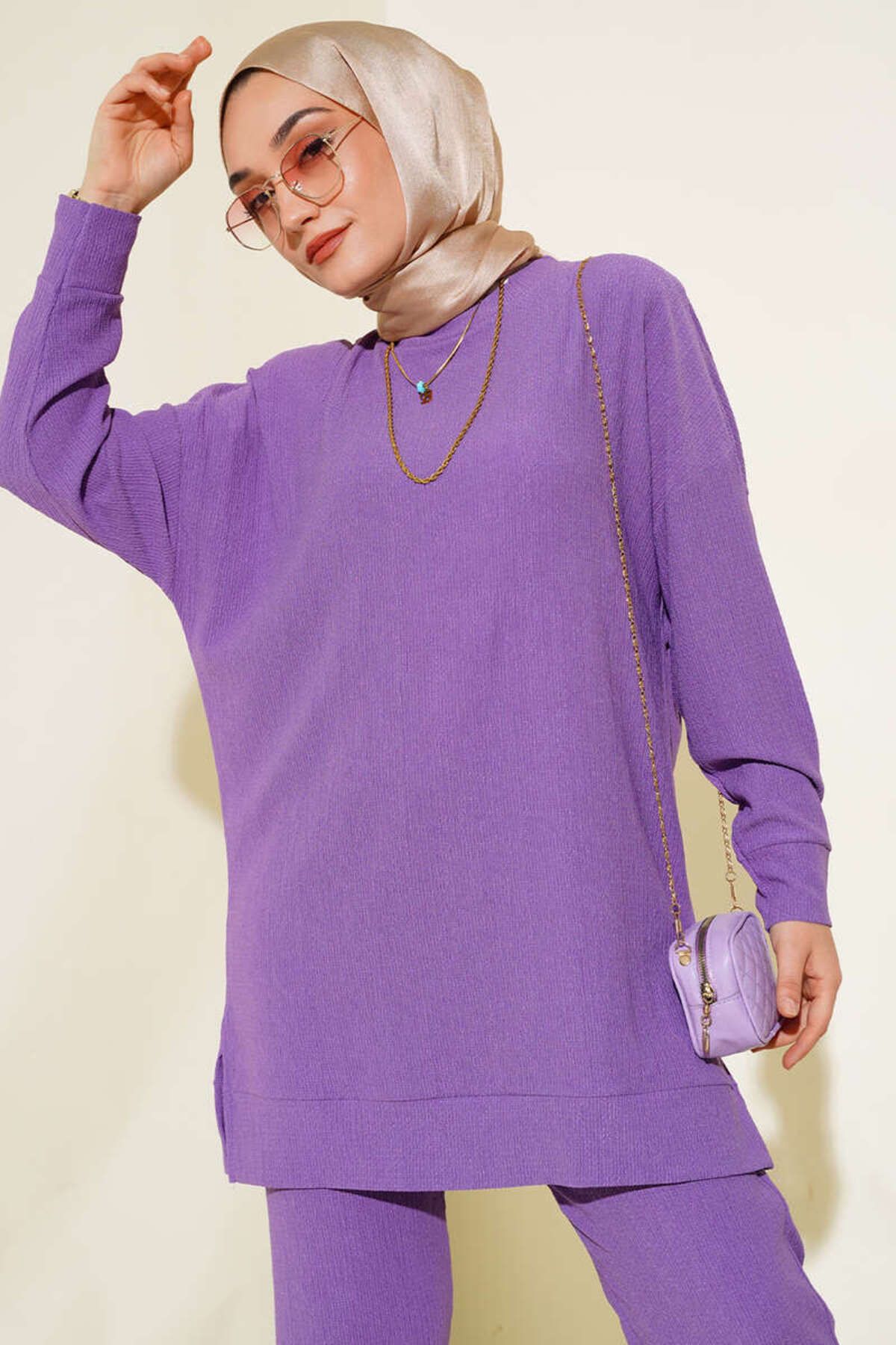 YAZGI MODA Yanları Yırtmaçlı Bürümcük İkili Takım Lila