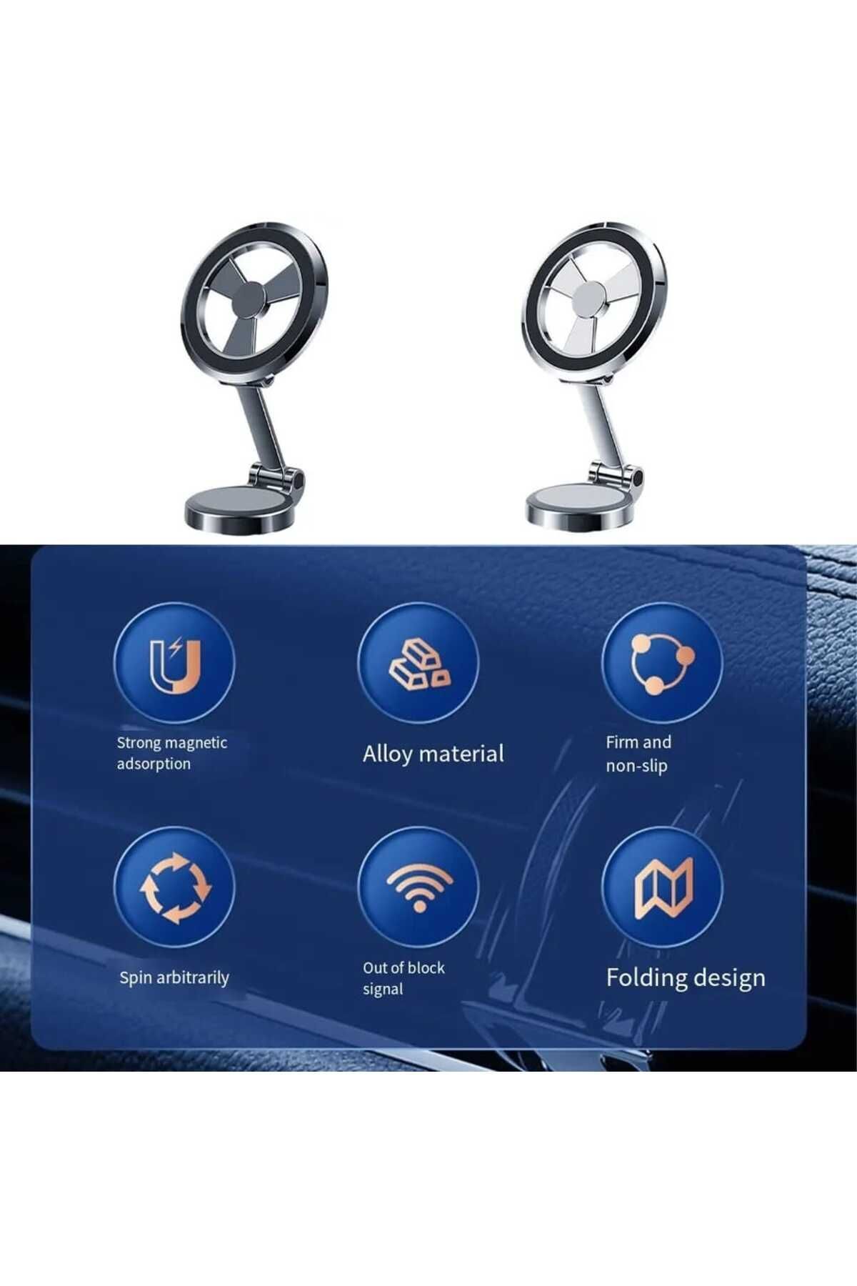 EN SİGA Siyah, Metal 360° Dönebilen, Mıknatıslı Araç Telefon Tutucu Katlanabilir Açısı Ayarlanabilir Tutacak