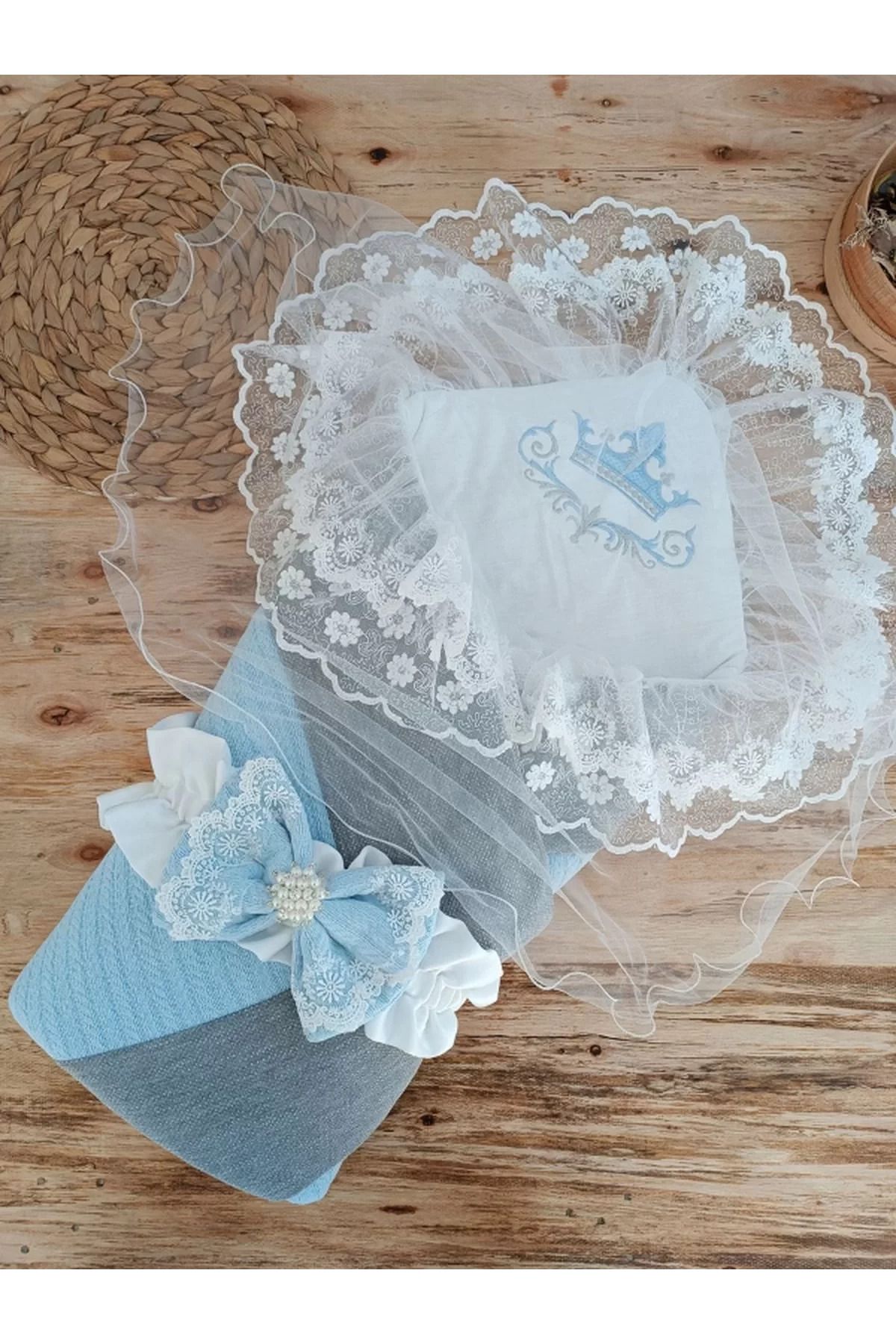 yusuftex Yenidoğan Teri Cotton Taç Nakışlı Prizma Taş Kundak Bebek Battaniyesi Mavi
